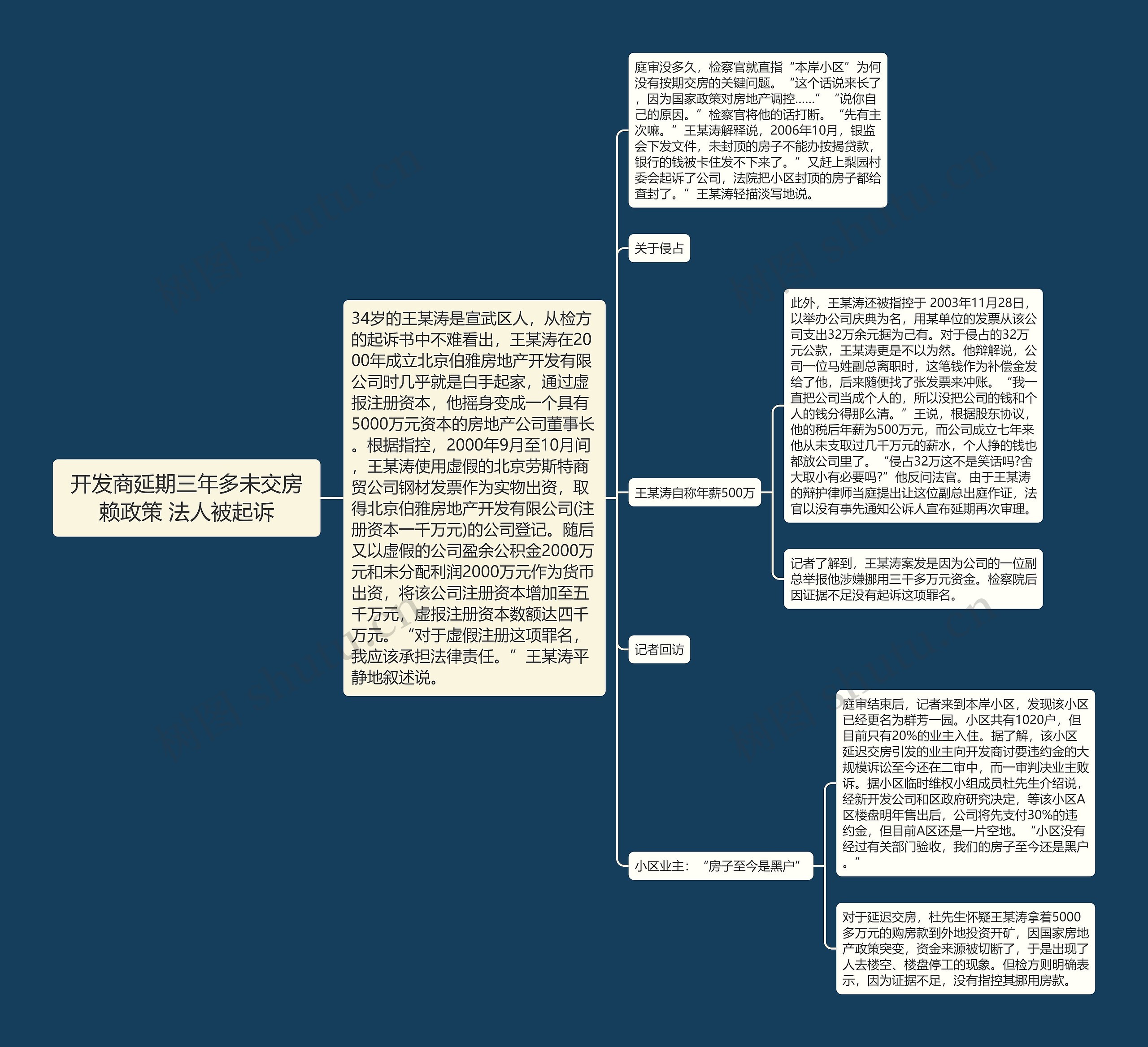 开发商延期三年多未交房赖政策 法人被起诉思维导图