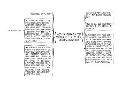 关于山东新泰联合化工股份有限公司“11.19”重大爆燃事故情况的通报