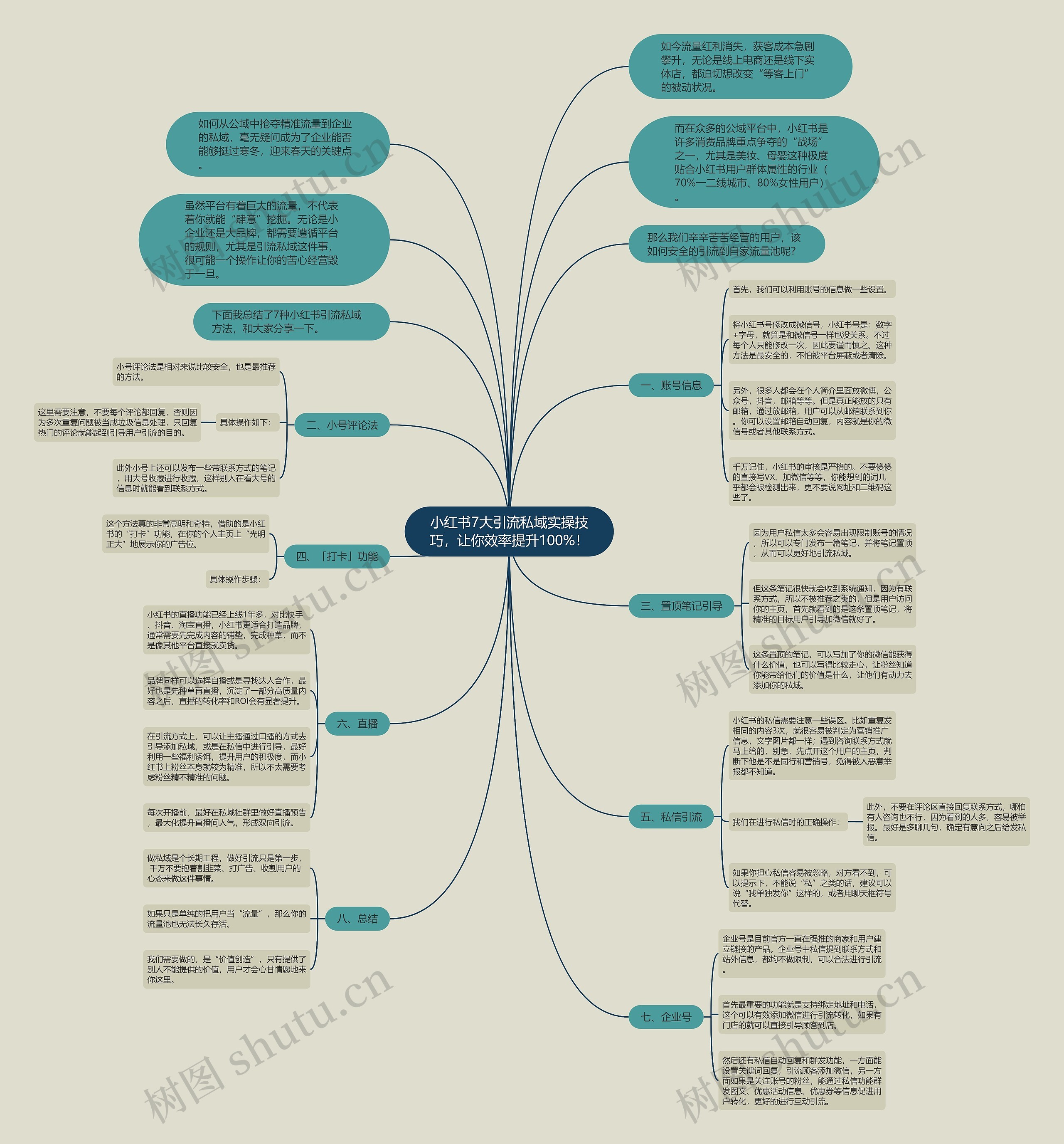 小红书7大引流私域实操技巧，让你效率提升100%！思维导图
