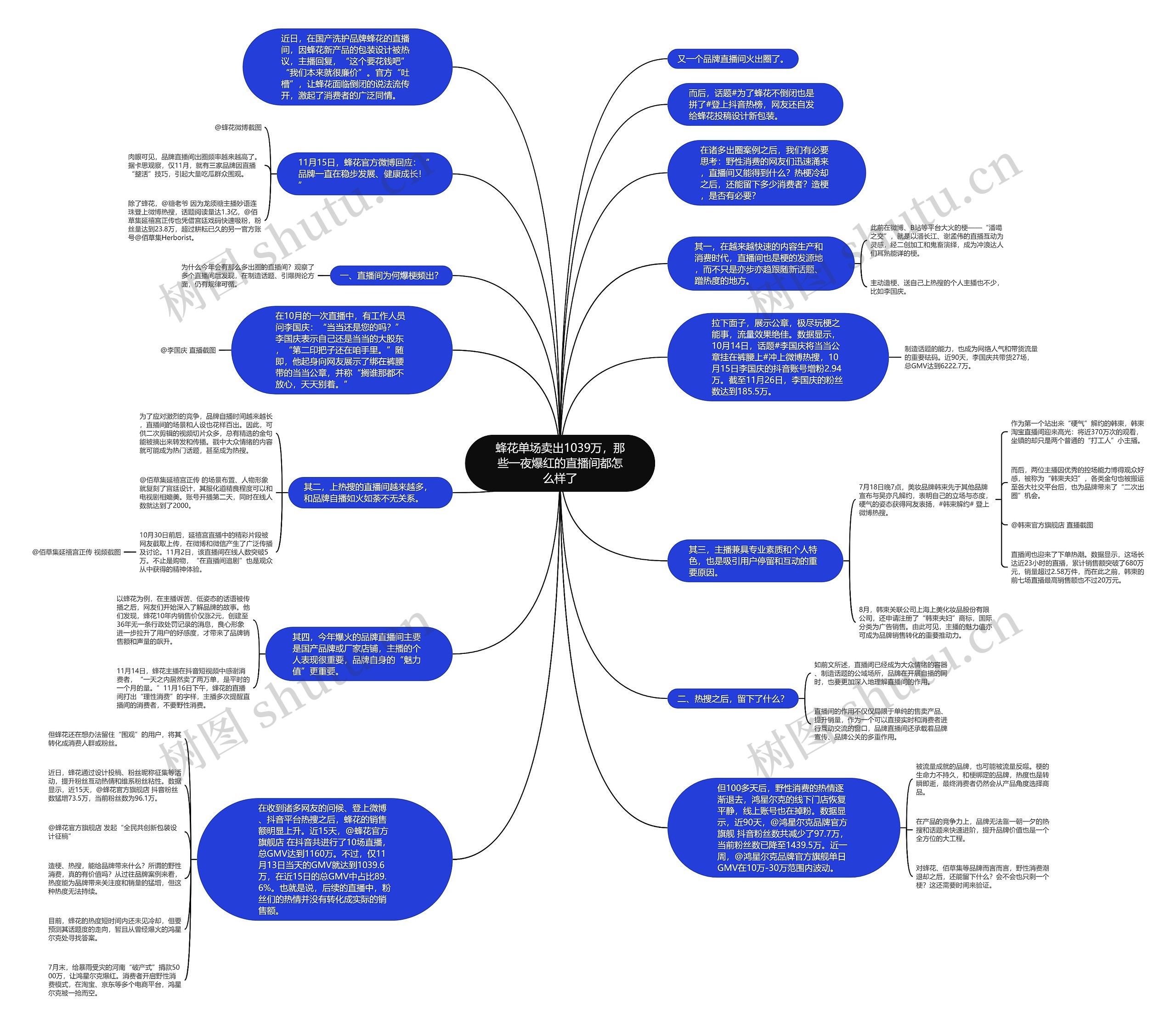 蜂花单场卖出1039万，那些一夜爆红的直播间都怎么样了思维导图