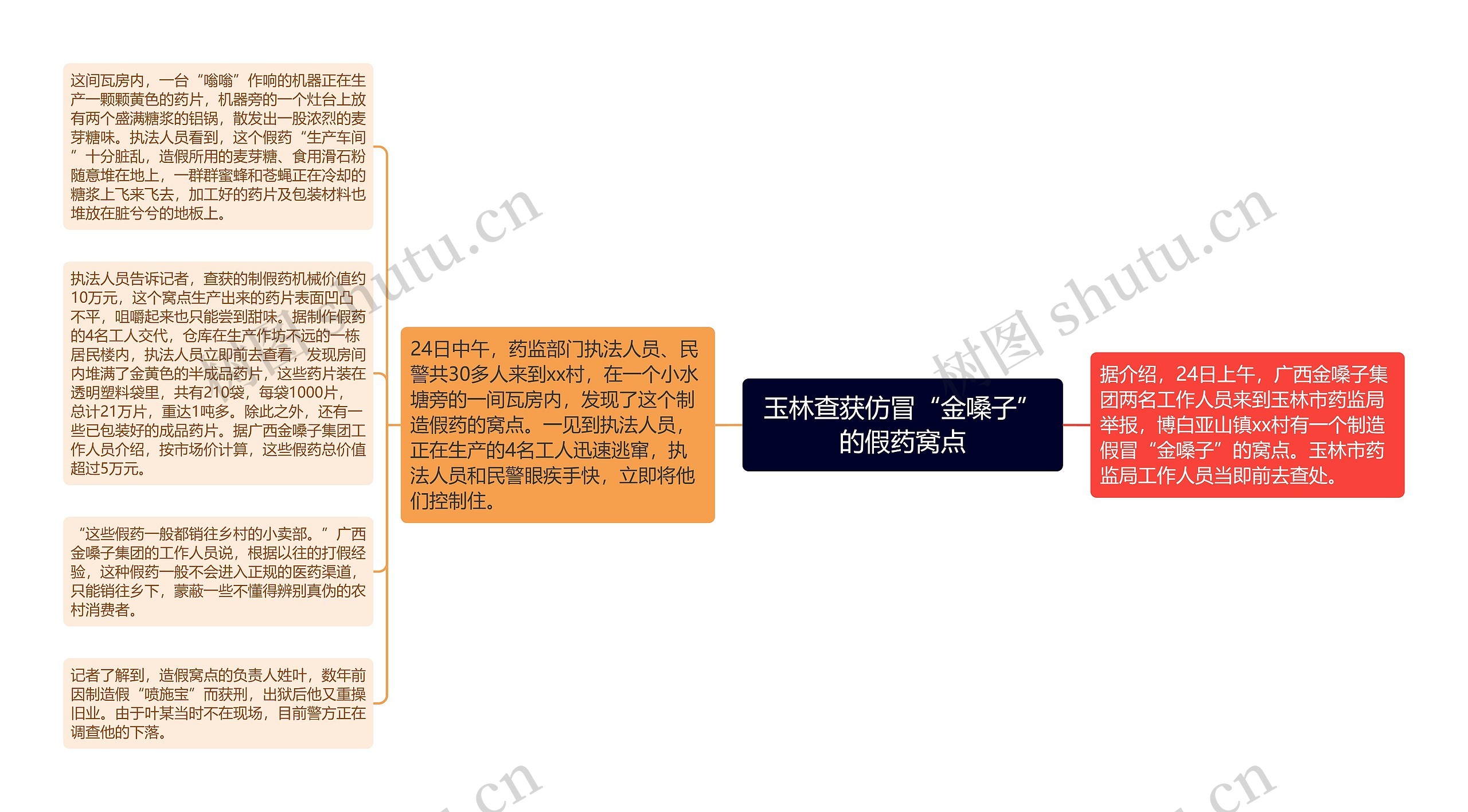 玉林查获仿冒“金嗓子”的假药窝点思维导图