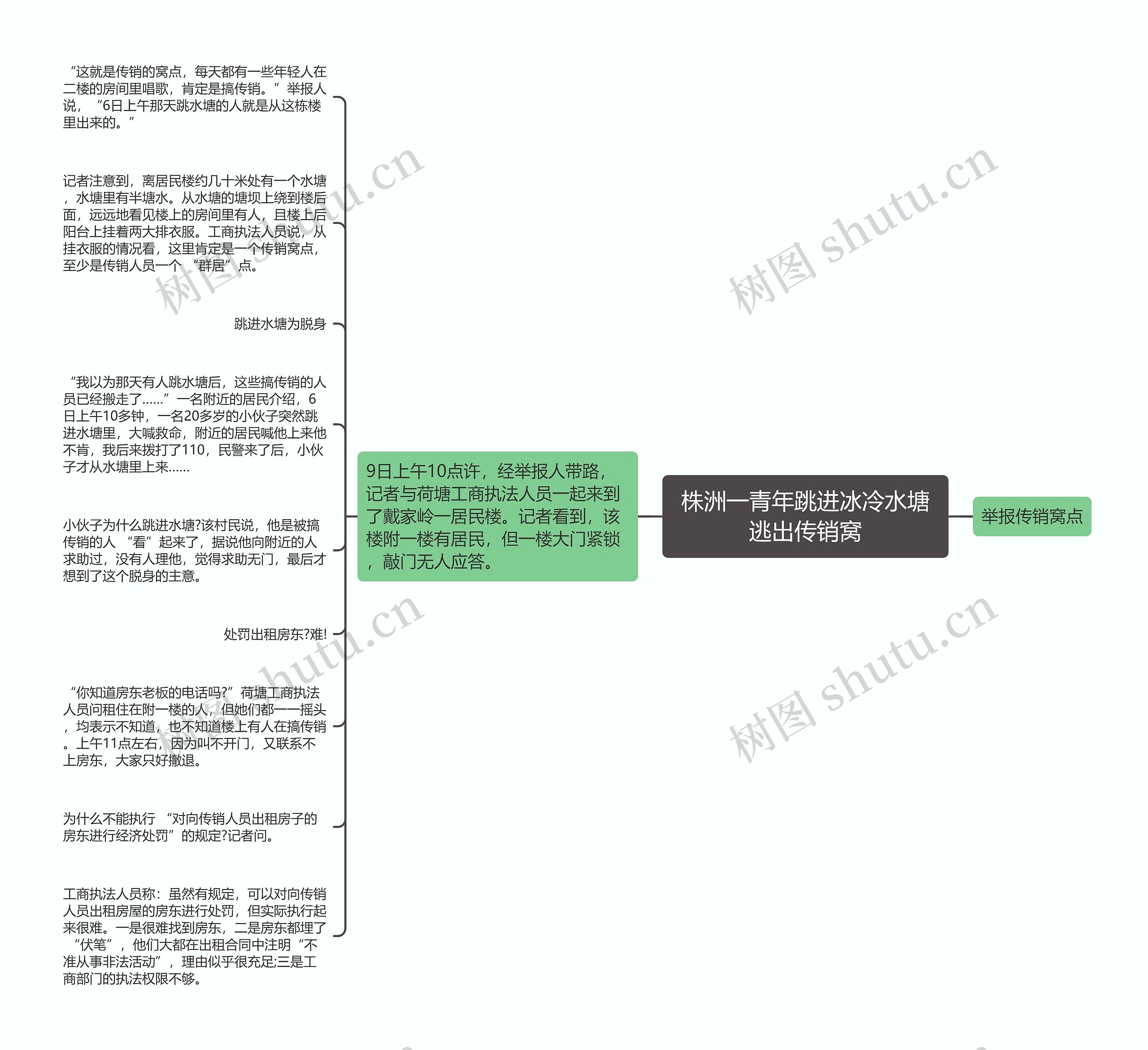 株洲一青年跳进冰冷水塘逃出传销窝思维导图