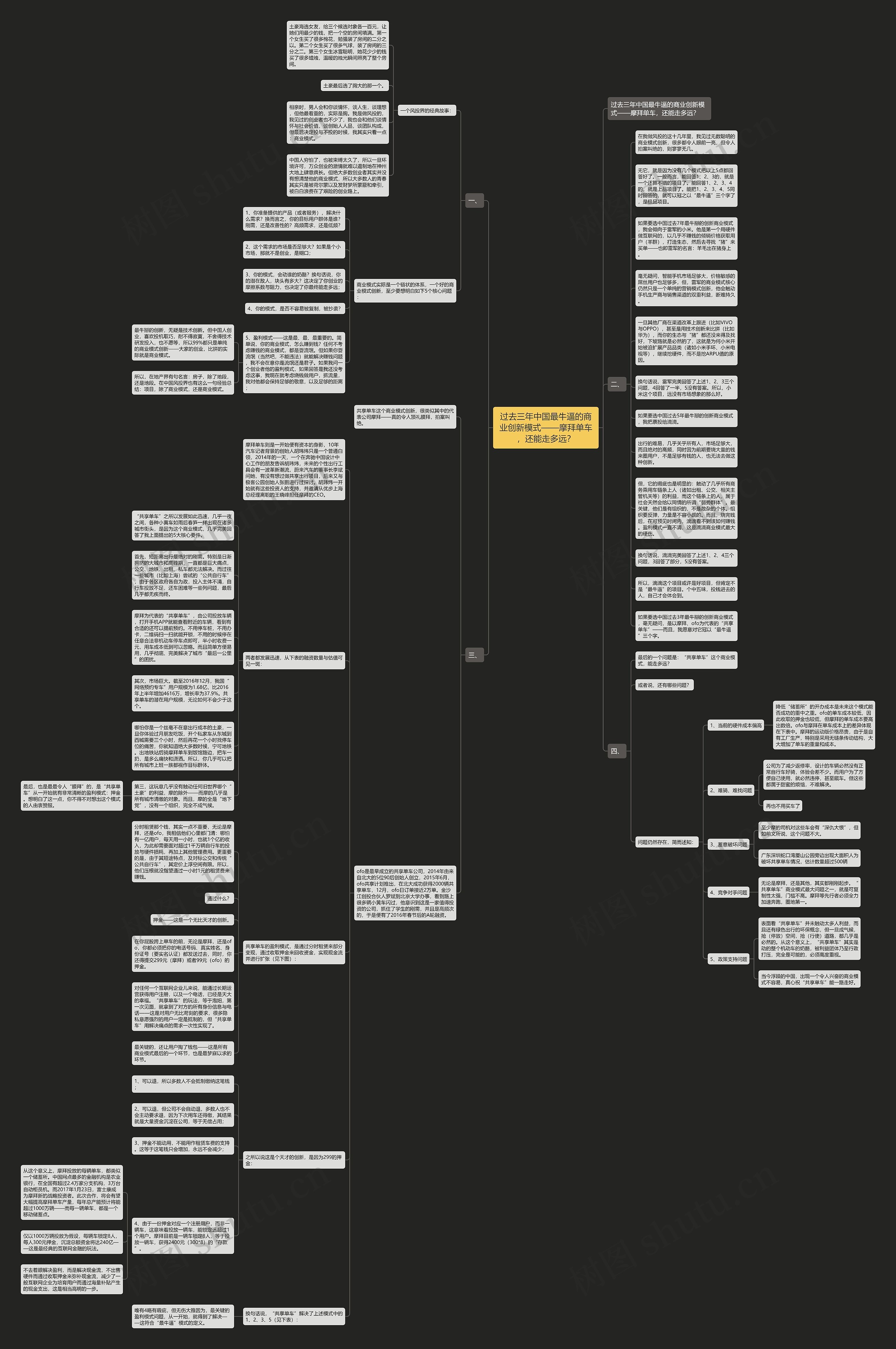 过去三年中国最牛逼的商业创新模式——摩拜单车，还能走多远？思维导图