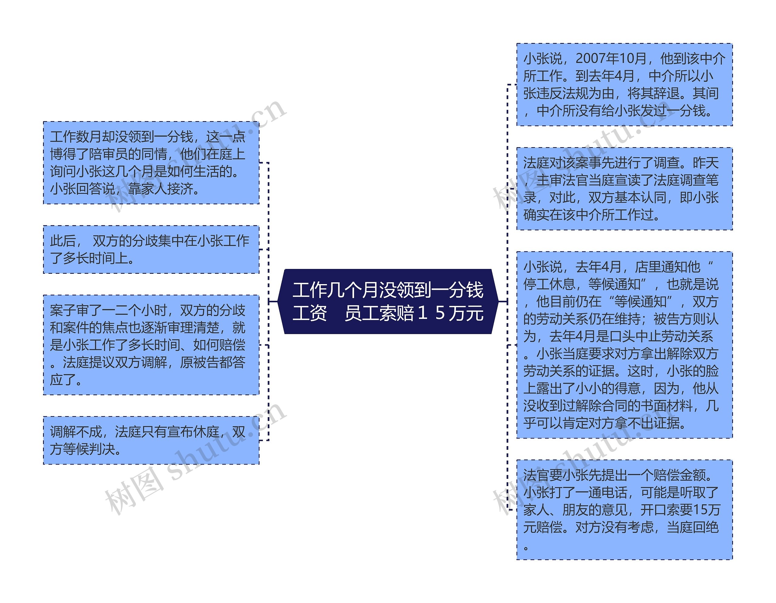 工作几个月没领到一分钱工资　员工索赔１５万元思维导图