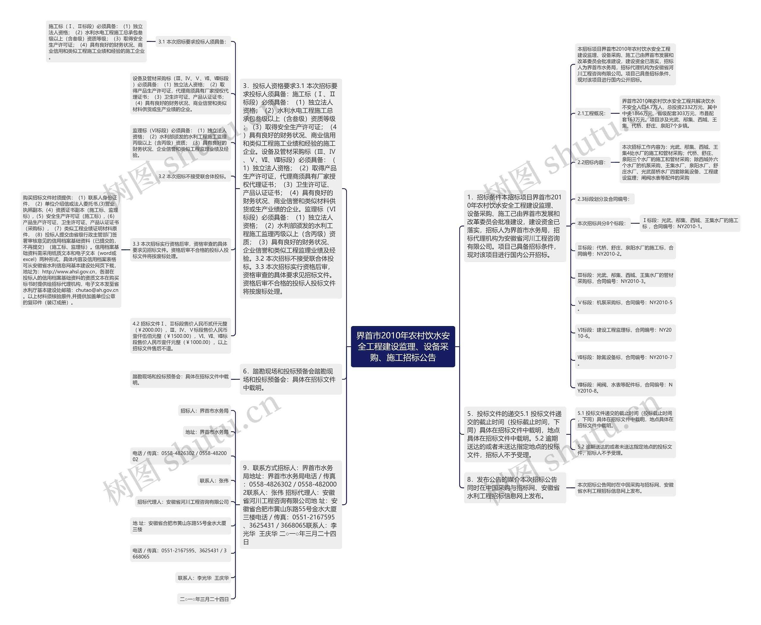 界首市2010年农村饮水安全工程建设监理、设备采购、施工招标公告思维导图