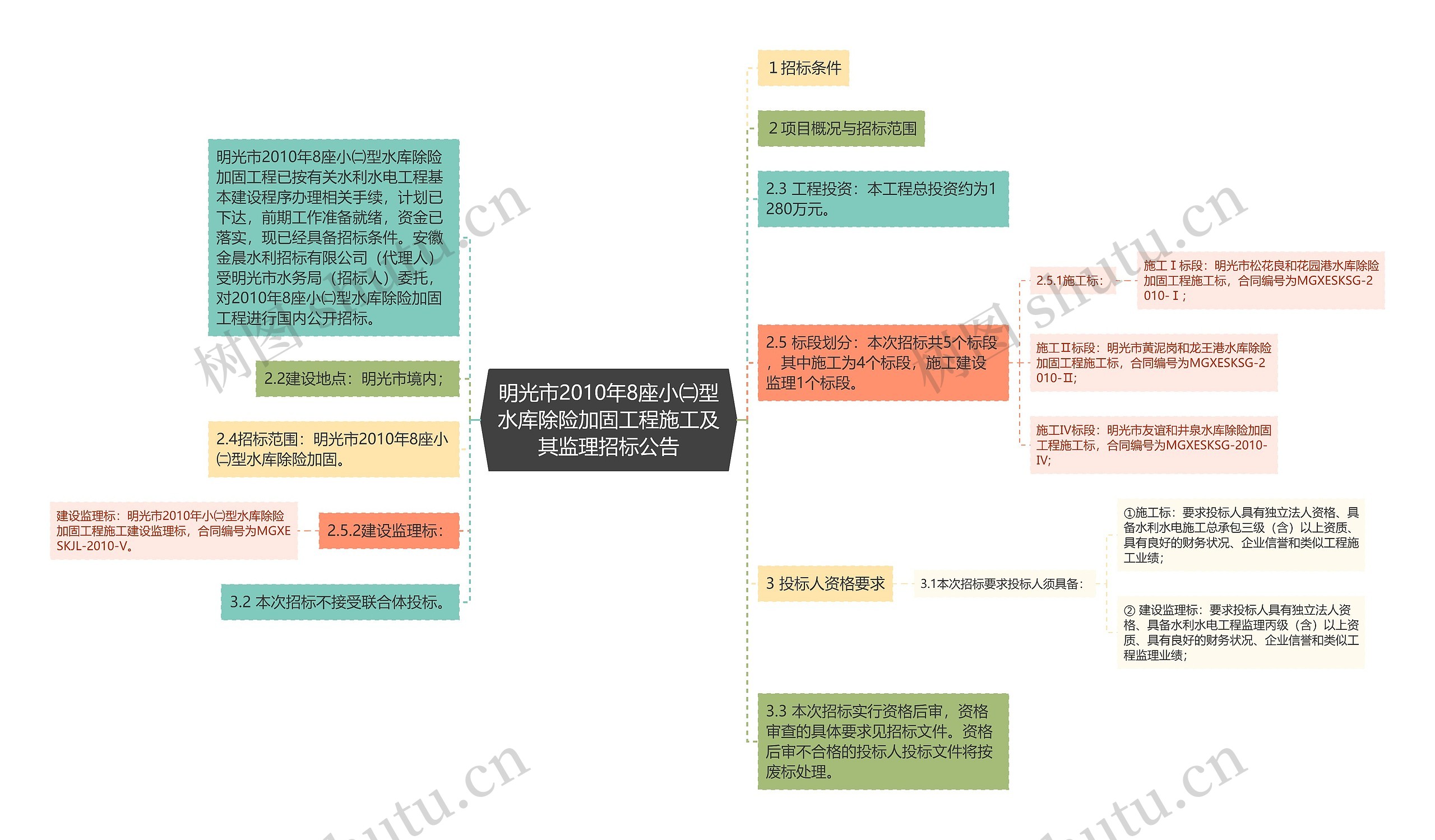 明光市2010年8座小㈡型水库除险加固工程施工及其监理招标公告思维导图