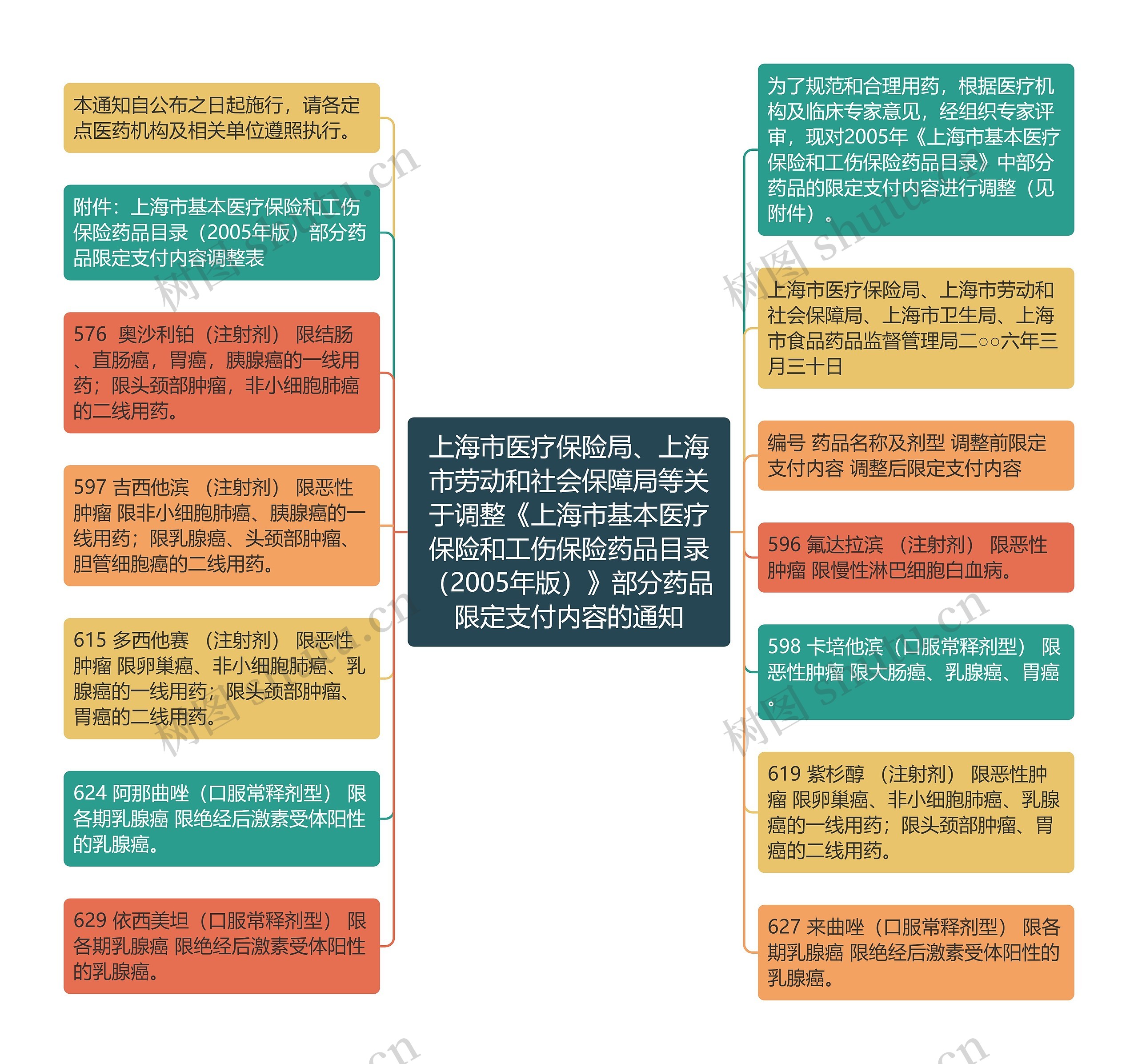 上海市医疗保险局、上海市劳动和社会保障局等关于调整《上海市基本医疗保险和工伤保险药品目录（2005年版）》部分药品限定支付内容的通知思维导图
