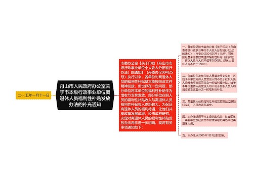 舟山市人民政府办公室关于市本级行政事业单位离退休人员福利性补贴发放办法的补充通知思维导图