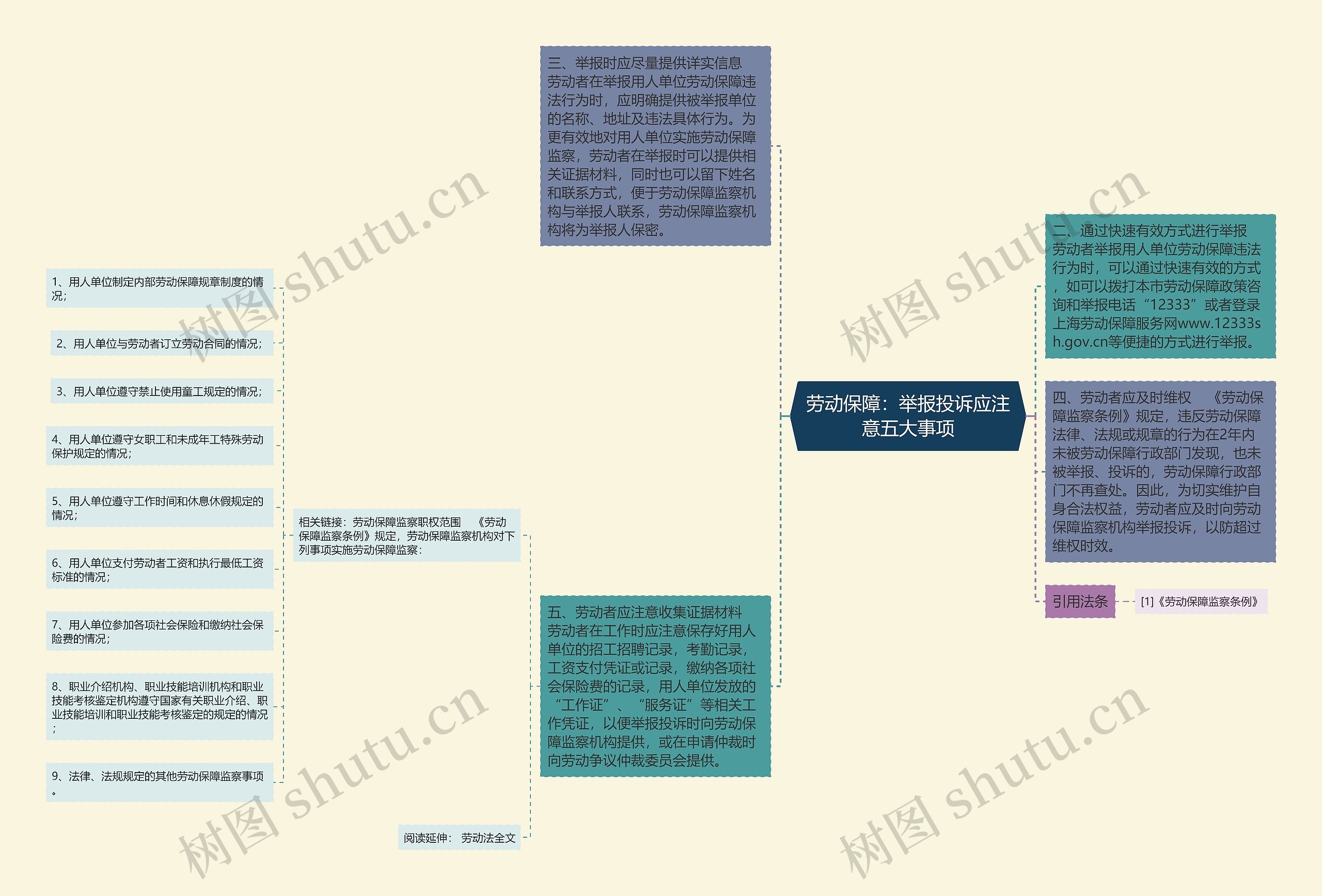 劳动保障：举报投诉应注意五大事项思维导图