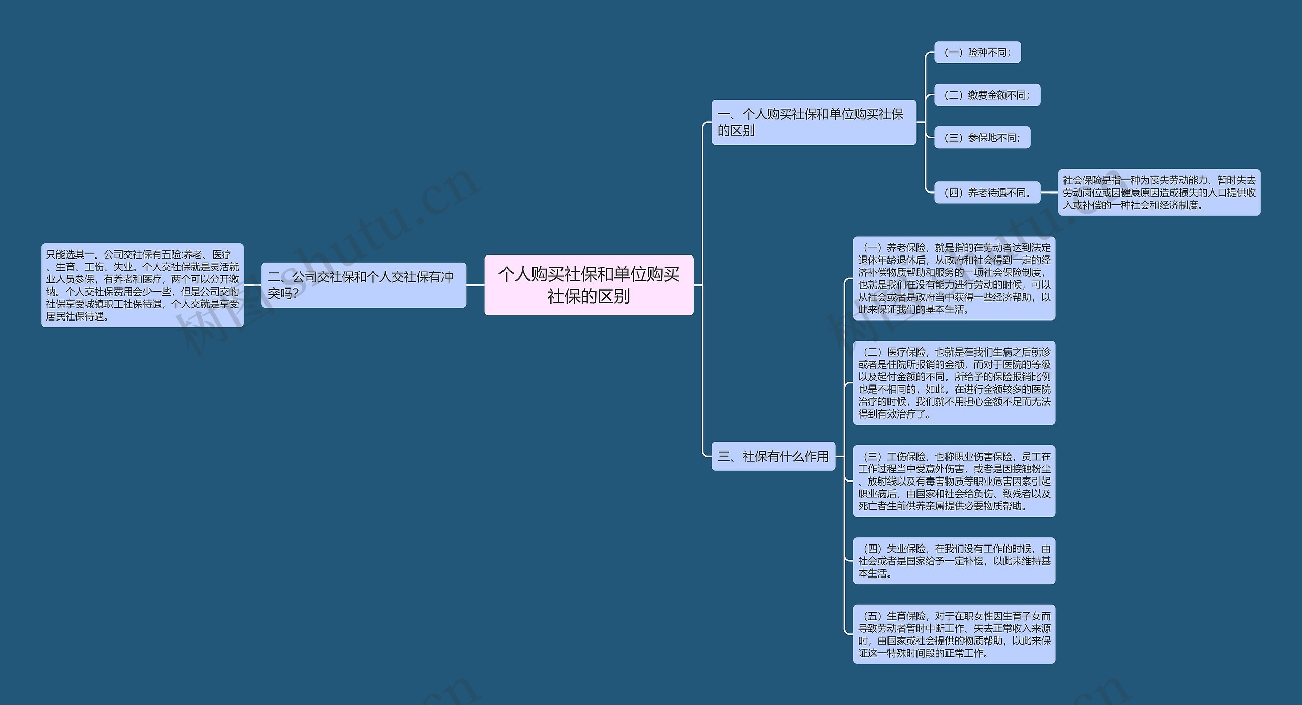 个人购买社保和单位购买社保的区别思维导图