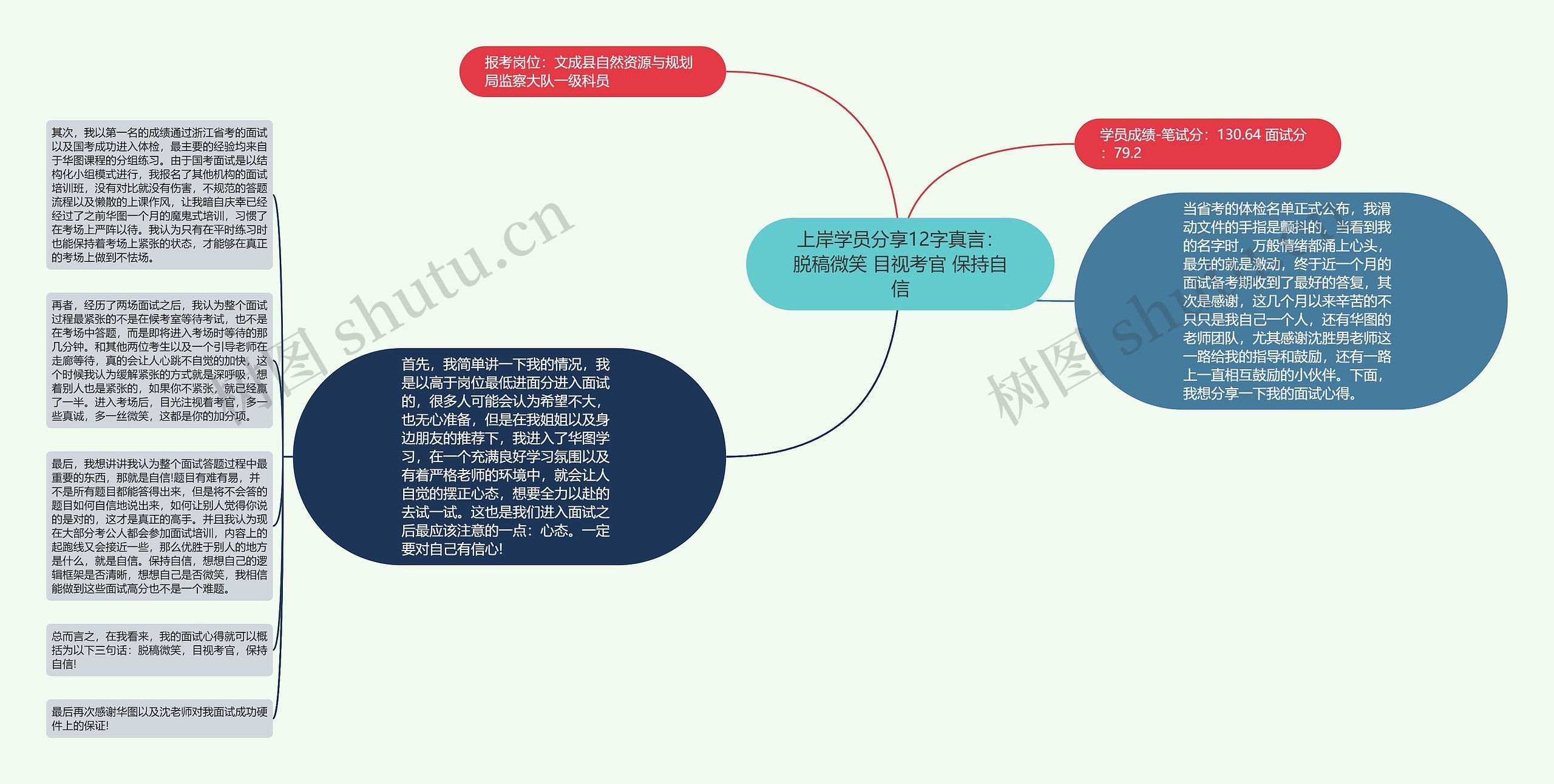 上岸学员分享12字真言：脱稿微笑 目视考官 保持自信思维导图