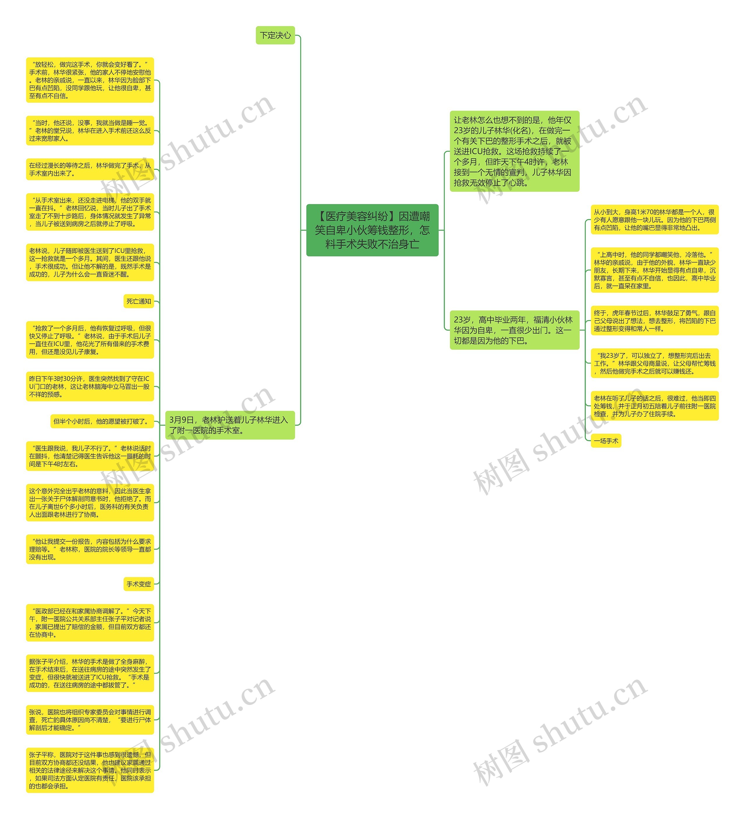 【医疗美容纠纷】因遭嘲笑自卑小伙筹钱整形，怎料手术失败不治身亡思维导图