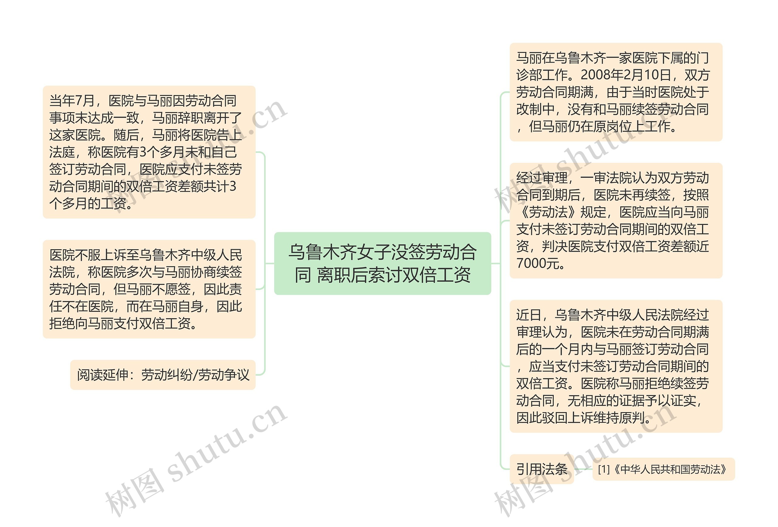 乌鲁木齐女子没签劳动合同 离职后索讨双倍工资思维导图