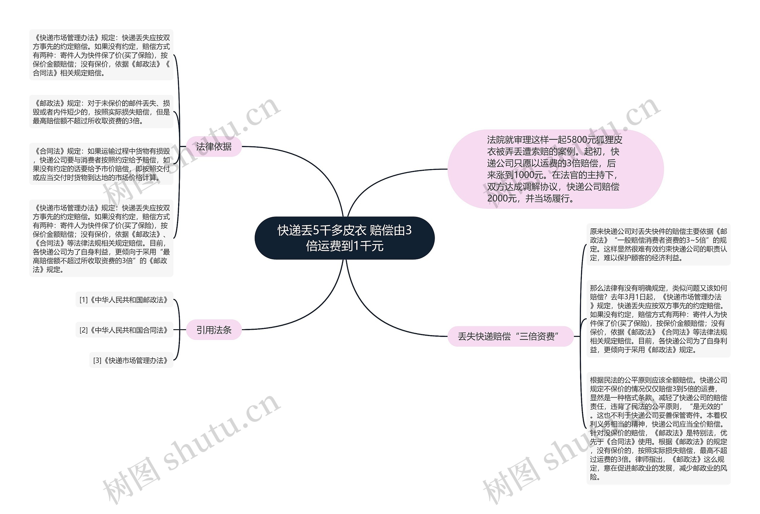 快递丢5千多皮衣 赔偿由3倍运费到1千元思维导图