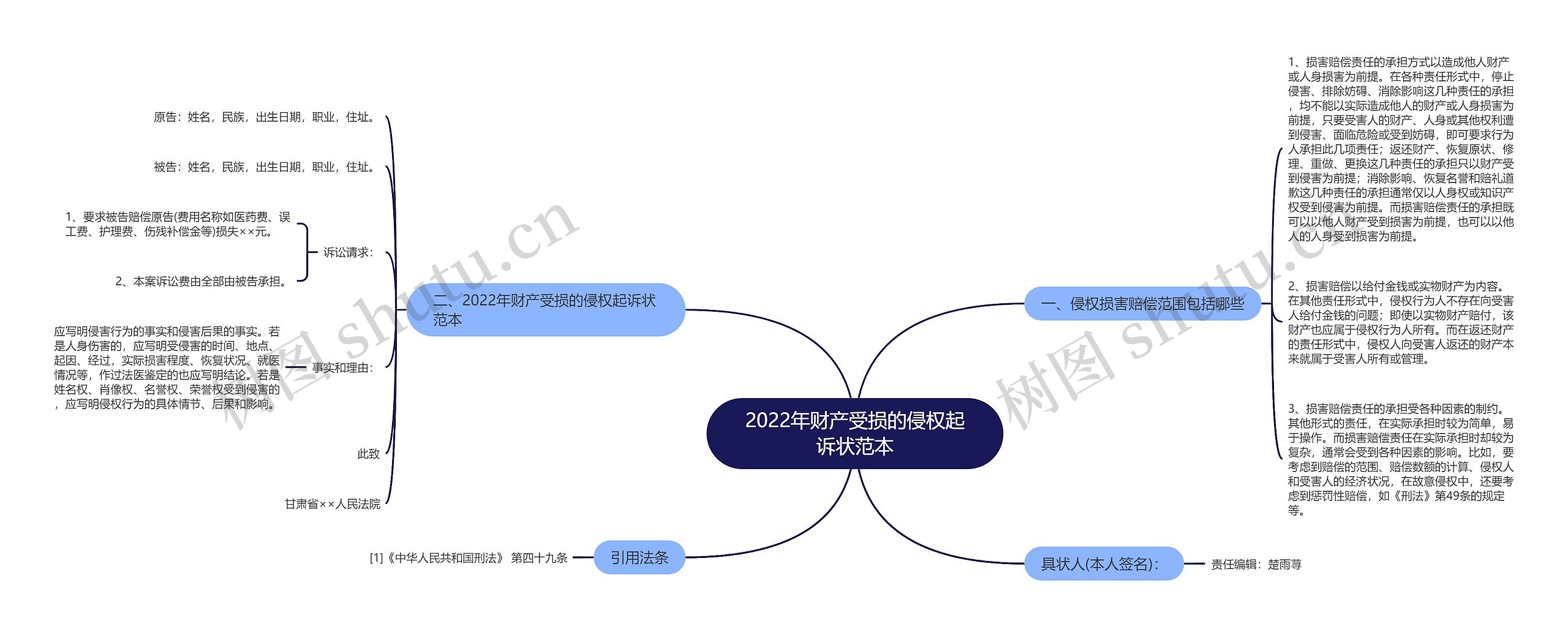 2022年财产受损的侵权起诉状范本思维导图