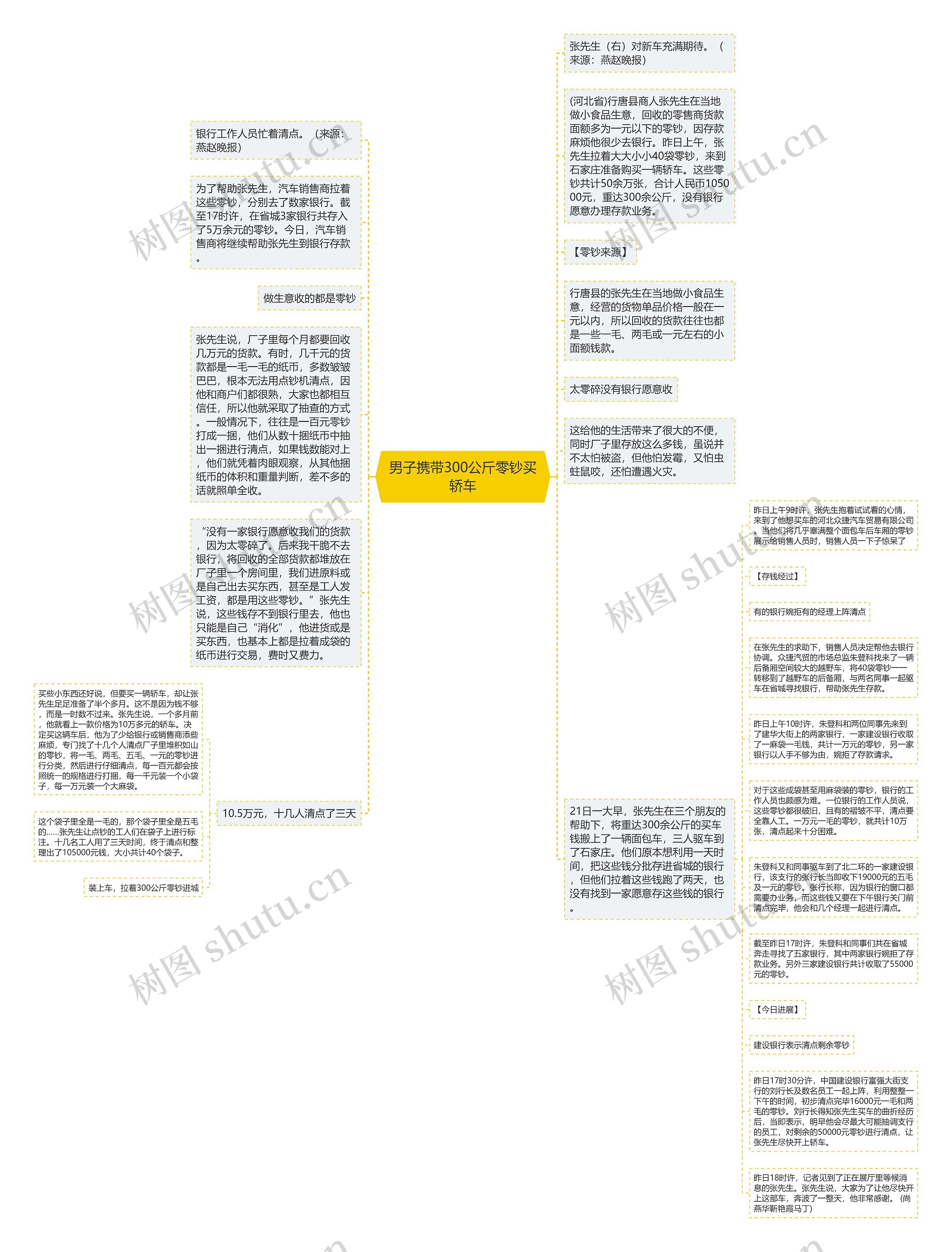 男子携带300公斤零钞买轿车思维导图