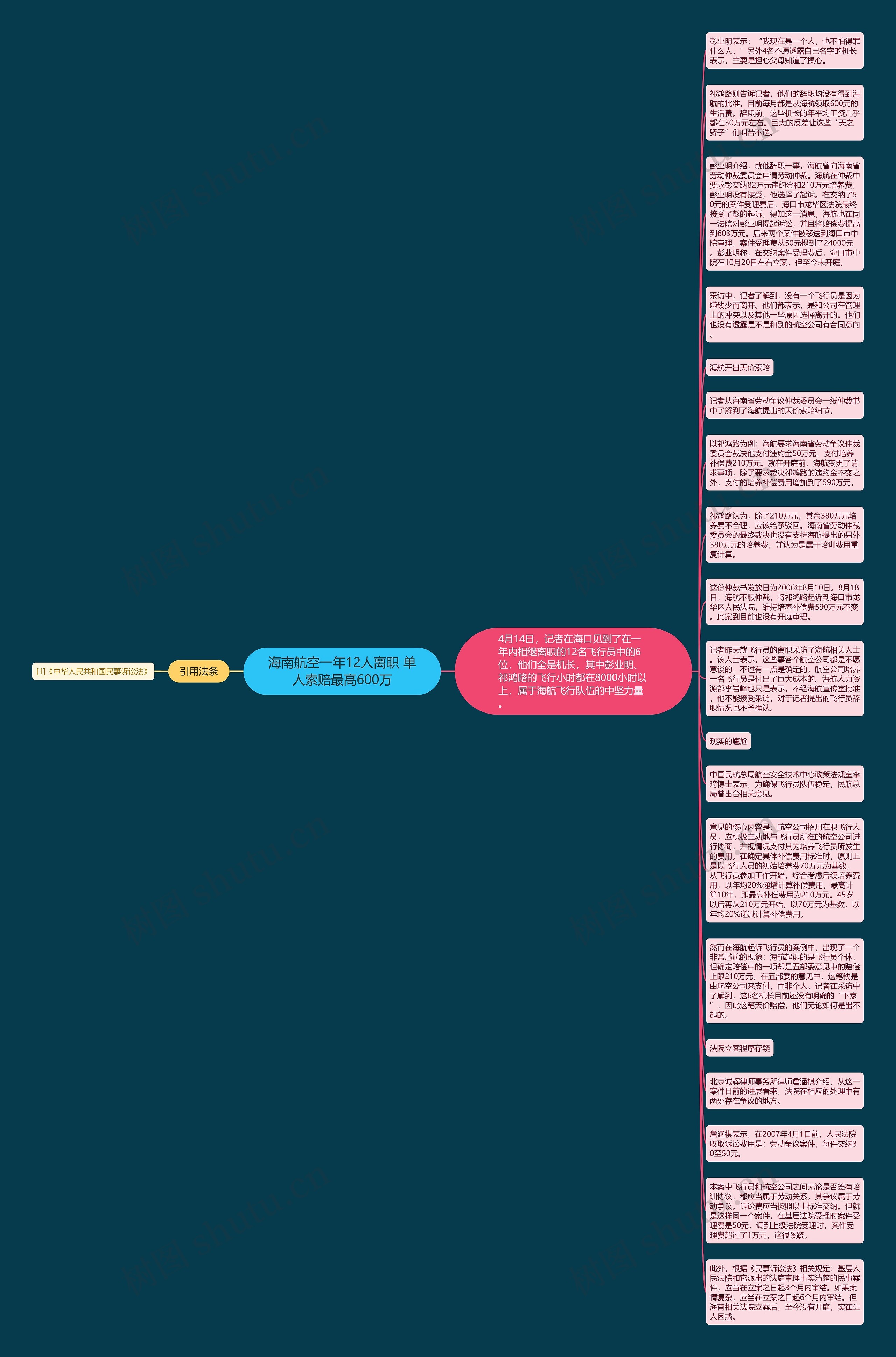 海南航空一年12人离职 单人索赔最高600万思维导图