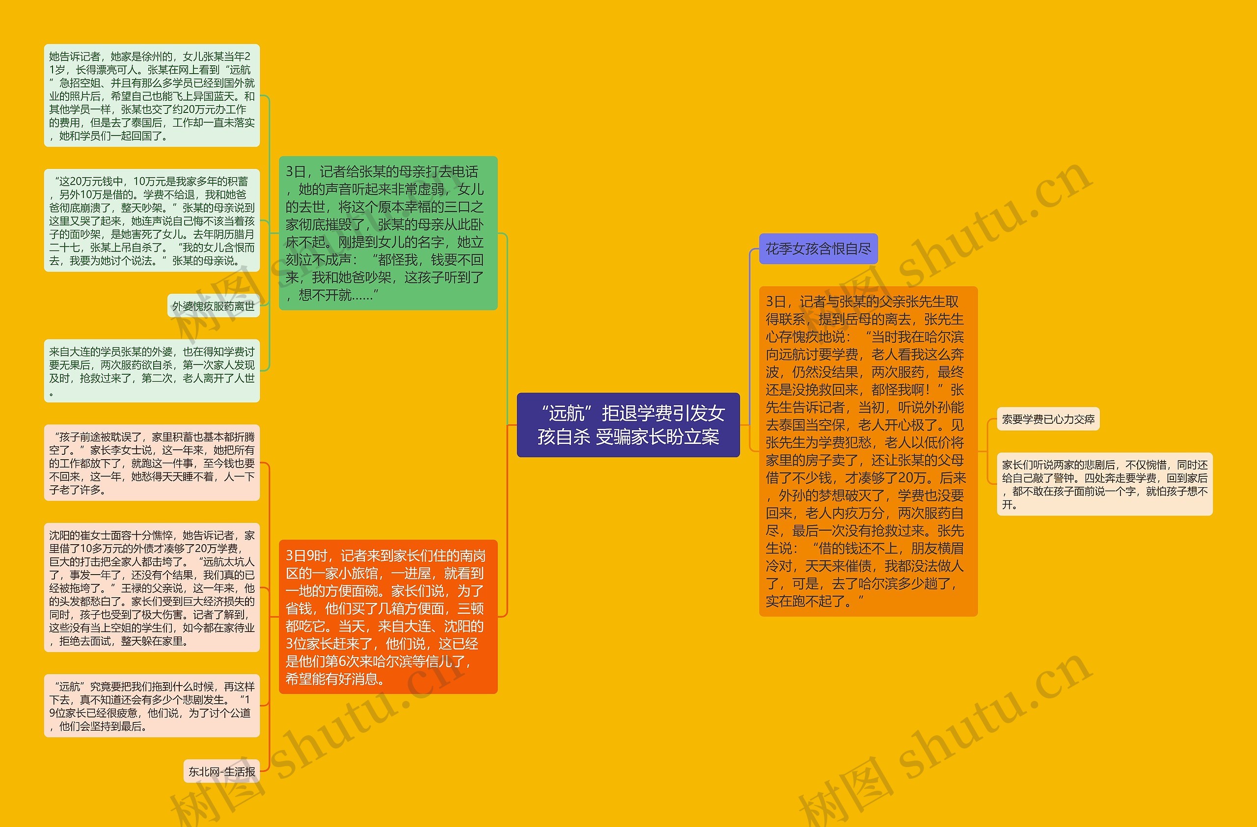 “远航”拒退学费引发女孩自杀 受骗家长盼立案思维导图