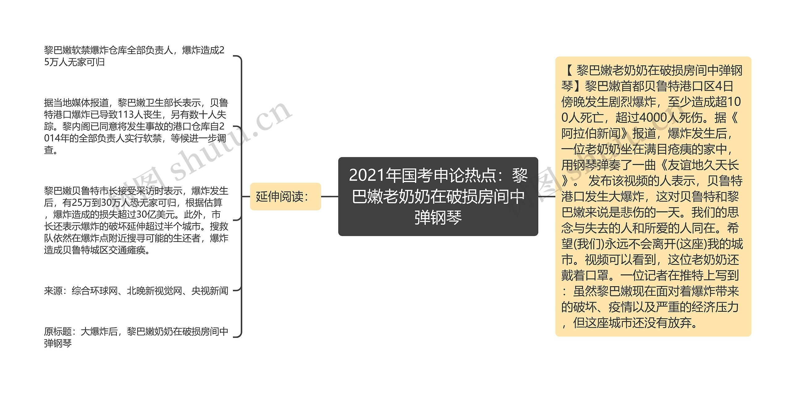 2021年国考申论热点：黎巴嫩老奶奶在破损房间中弹钢琴思维导图