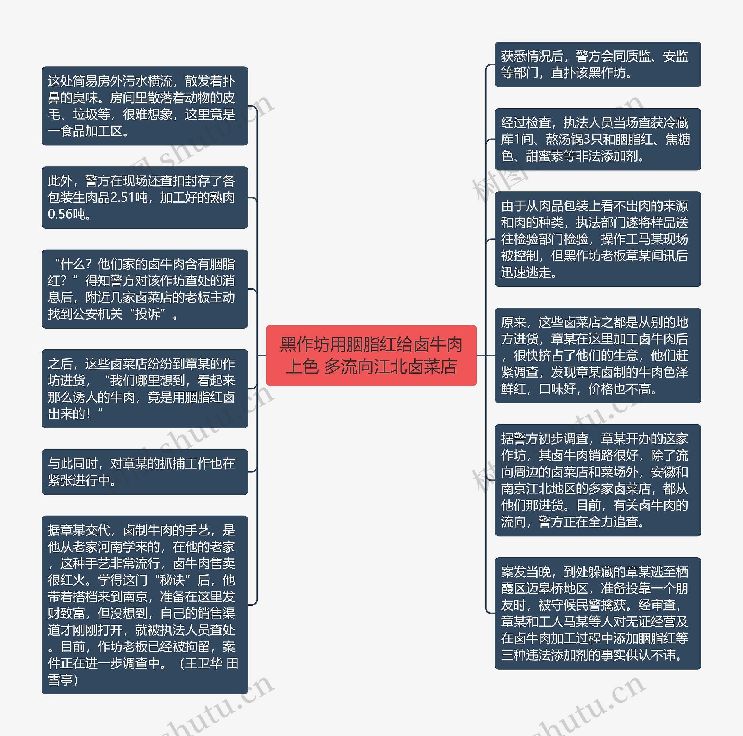 黑作坊用胭脂红给卤牛肉上色 多流向江北卤菜店思维导图