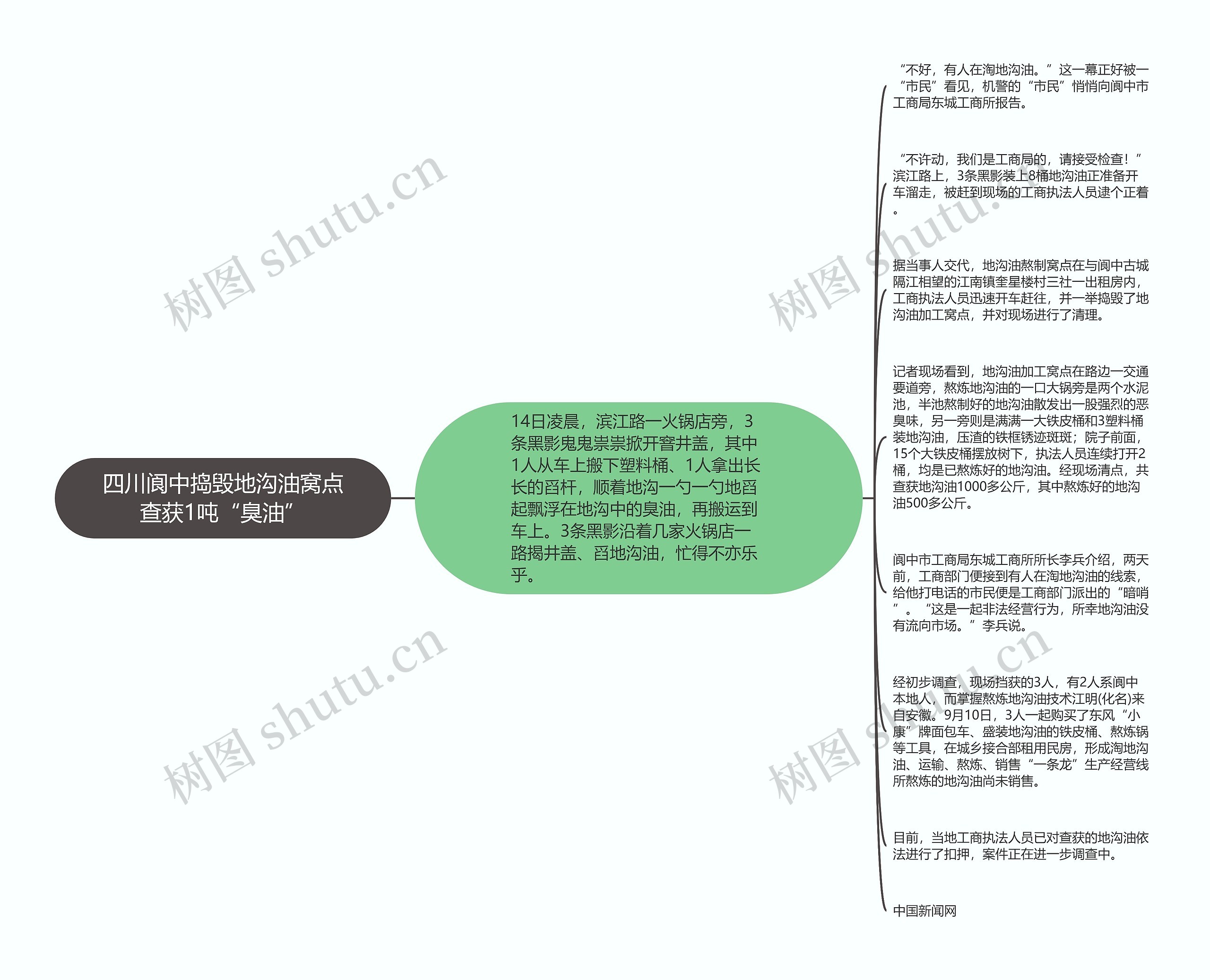 四川阆中捣毁地沟油窝点查获1吨“臭油”思维导图