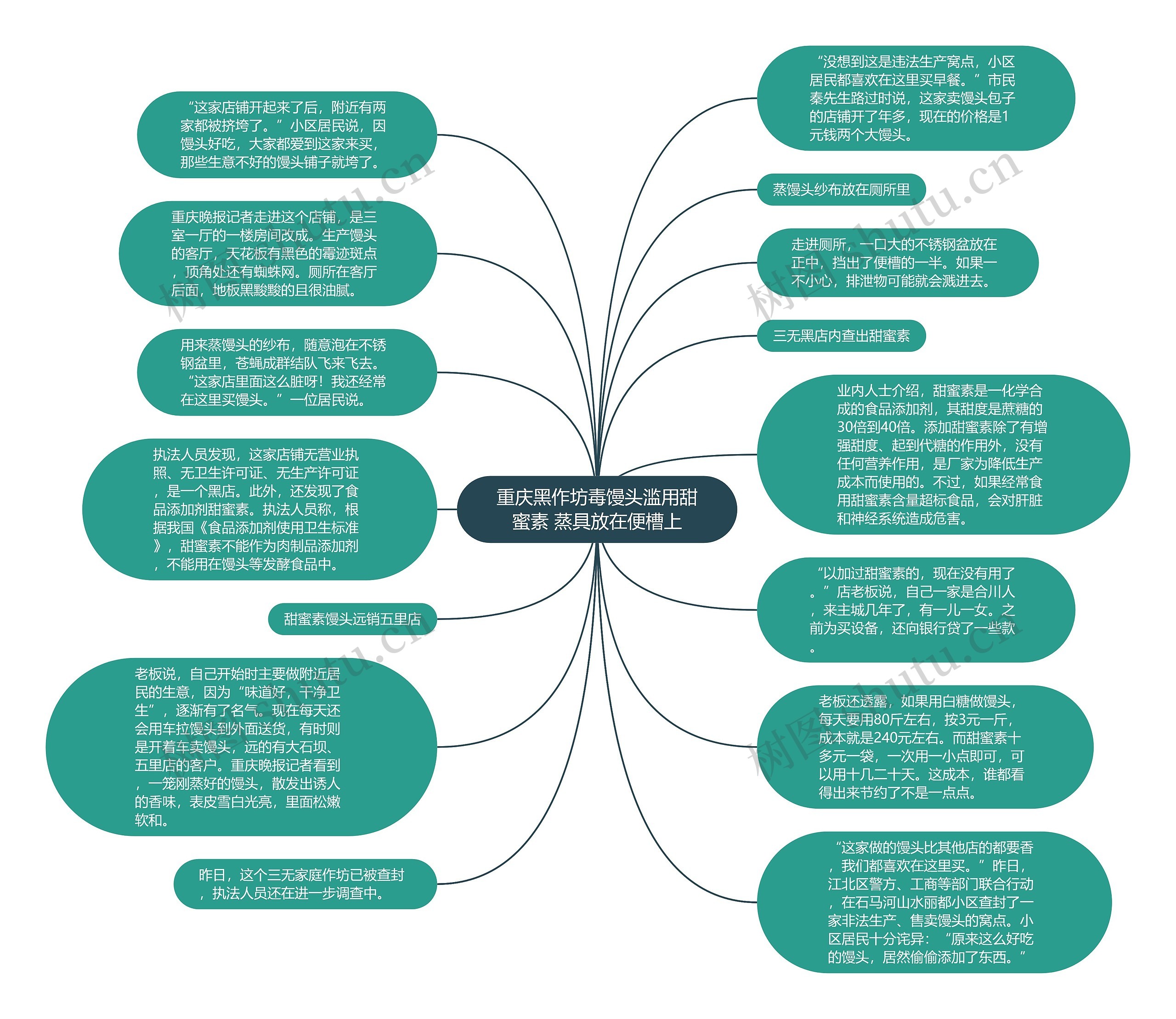 重庆黑作坊毒馒头滥用甜蜜素 蒸具放在便槽上思维导图