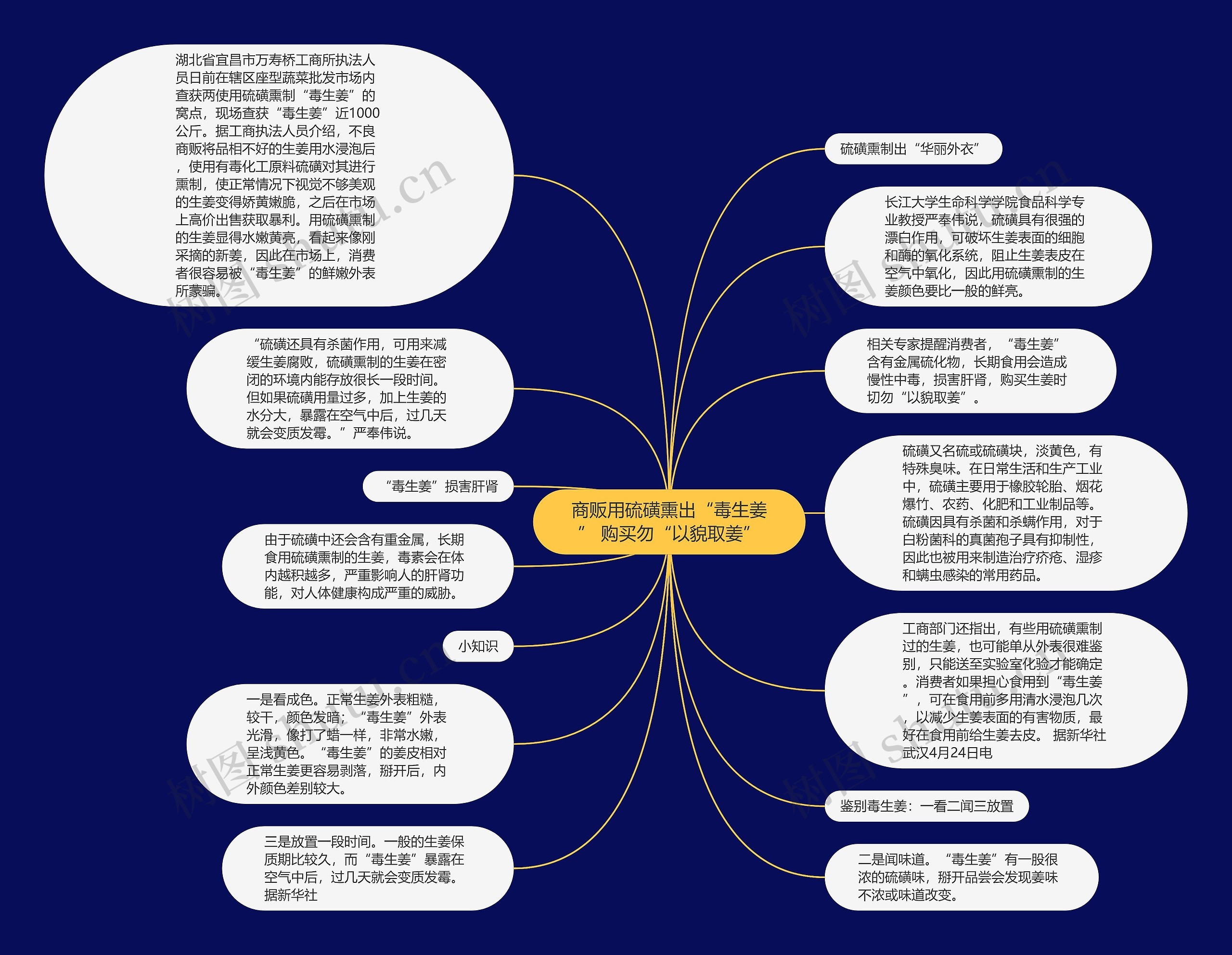 商贩用硫磺熏出“毒生姜” 购买勿“以貌取姜”思维导图