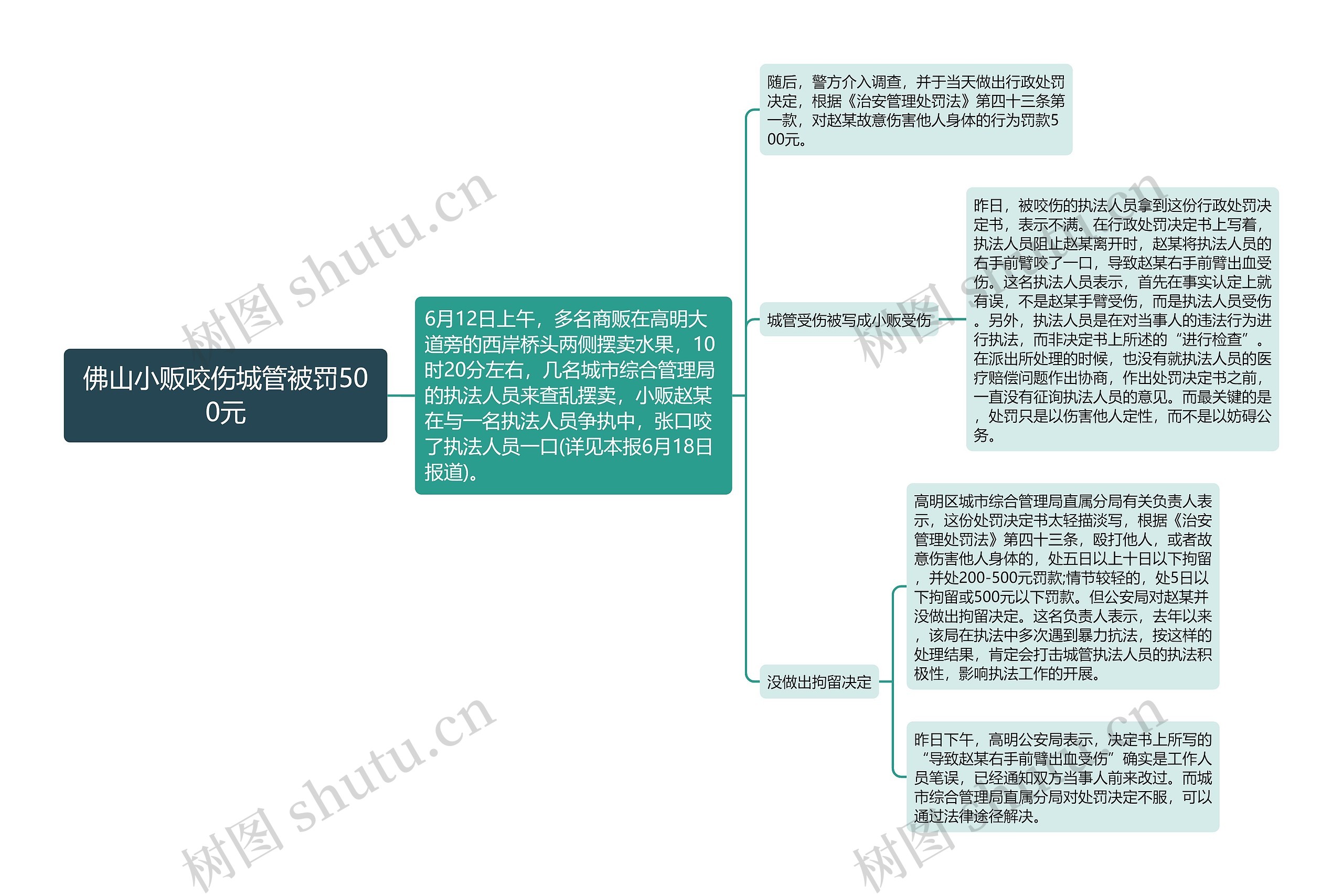 佛山小贩咬伤城管被罚500元思维导图