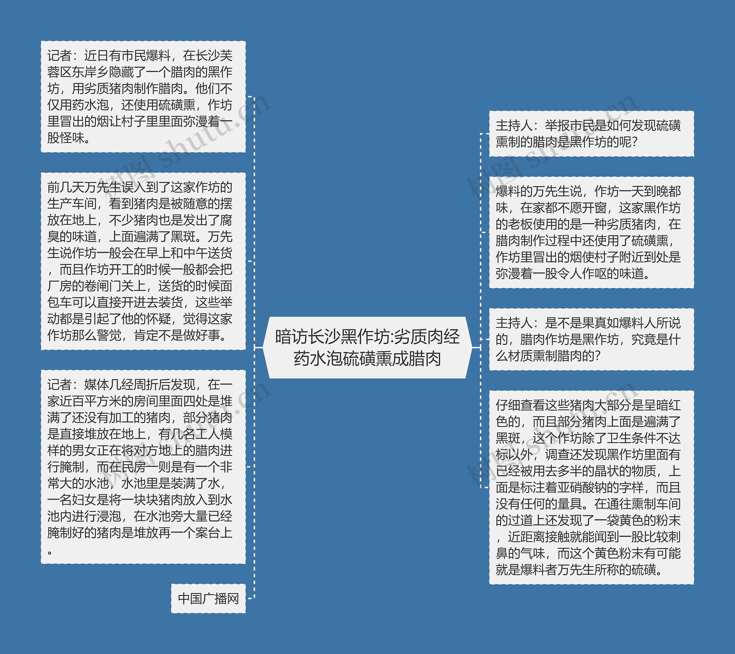 暗访长沙黑作坊:劣质肉经药水泡硫磺熏成腊肉思维导图