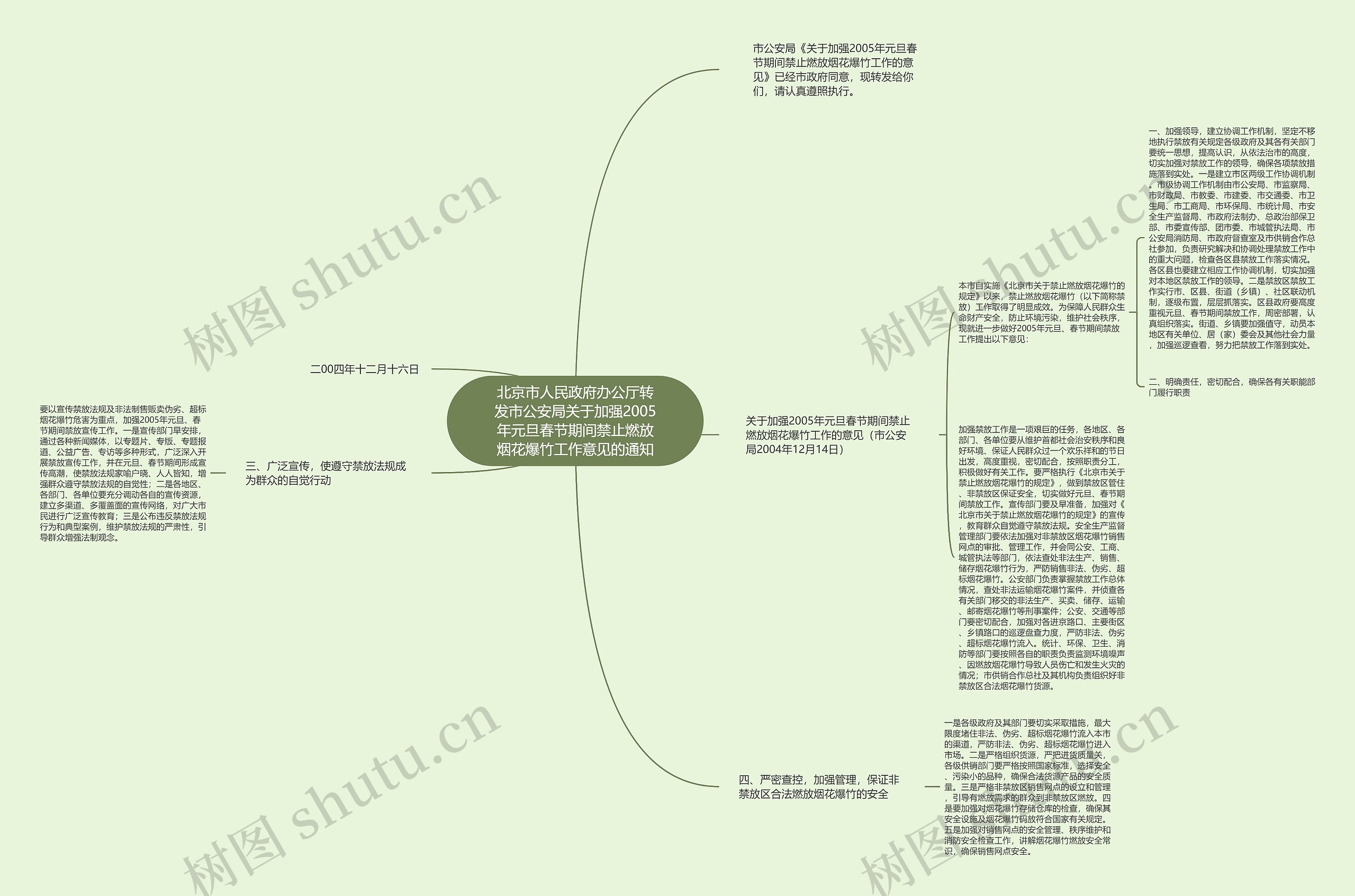 北京市人民政府办公厅转发市公安局关于加强2005年元旦春节期间禁止燃放烟花爆竹工作意见的通知思维导图