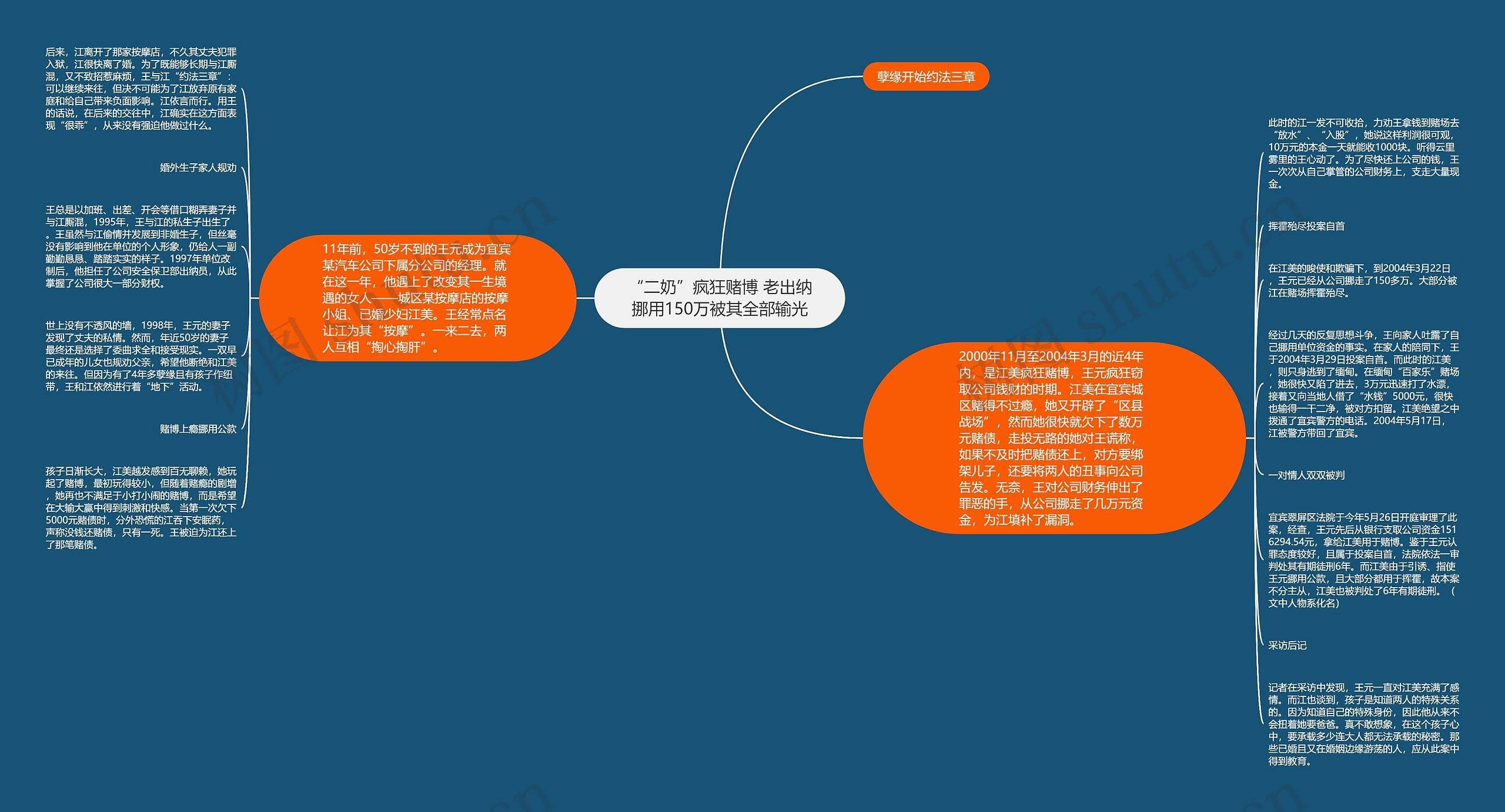 “二奶”疯狂赌博 老出纳挪用150万被其全部输光思维导图_编号p8638361-TreeMind树图