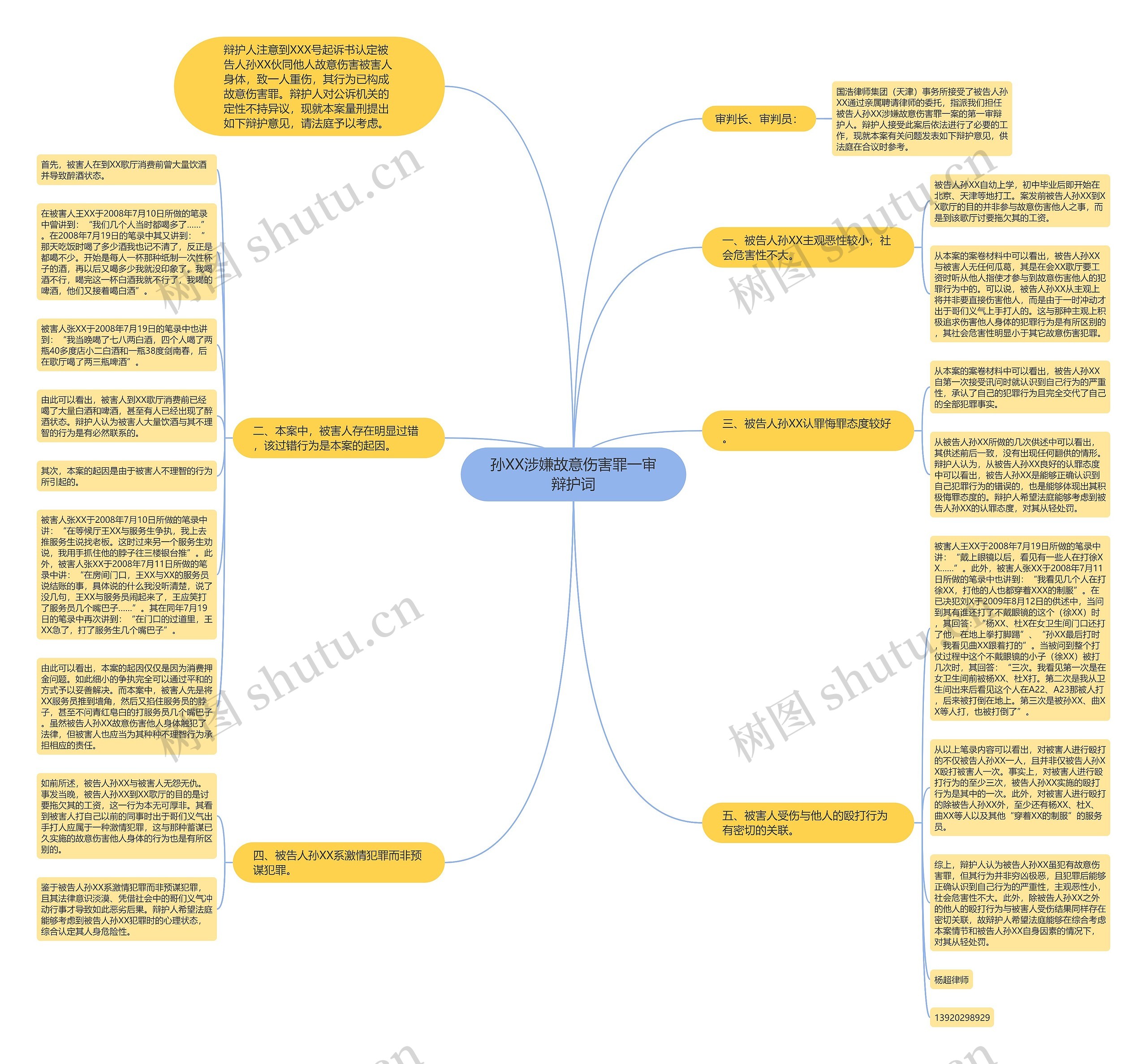 孙XX涉嫌故意伤害罪一审辩护词思维导图
