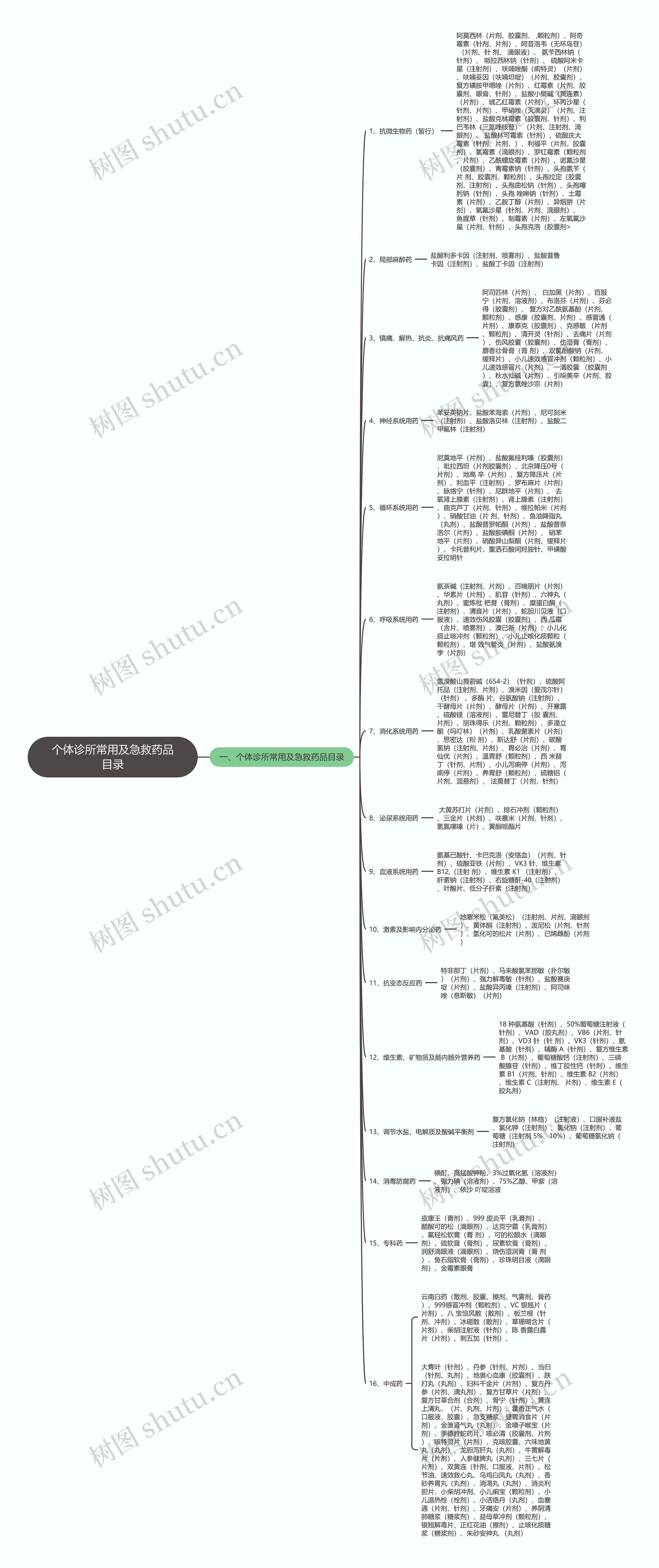 个体诊所常用及急救药品目录思维导图