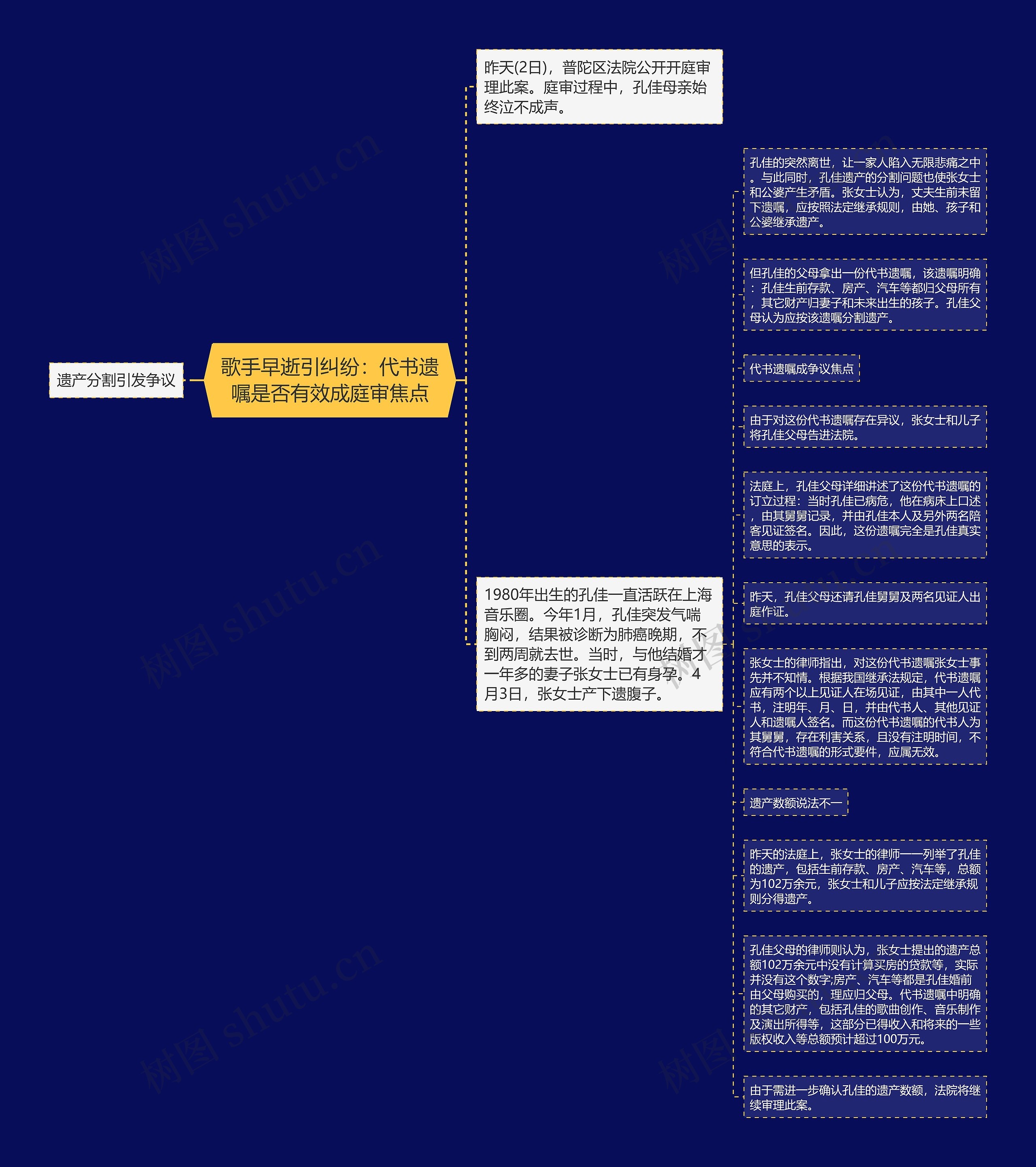 歌手早逝引纠纷：代书遗嘱是否有效成庭审焦点思维导图