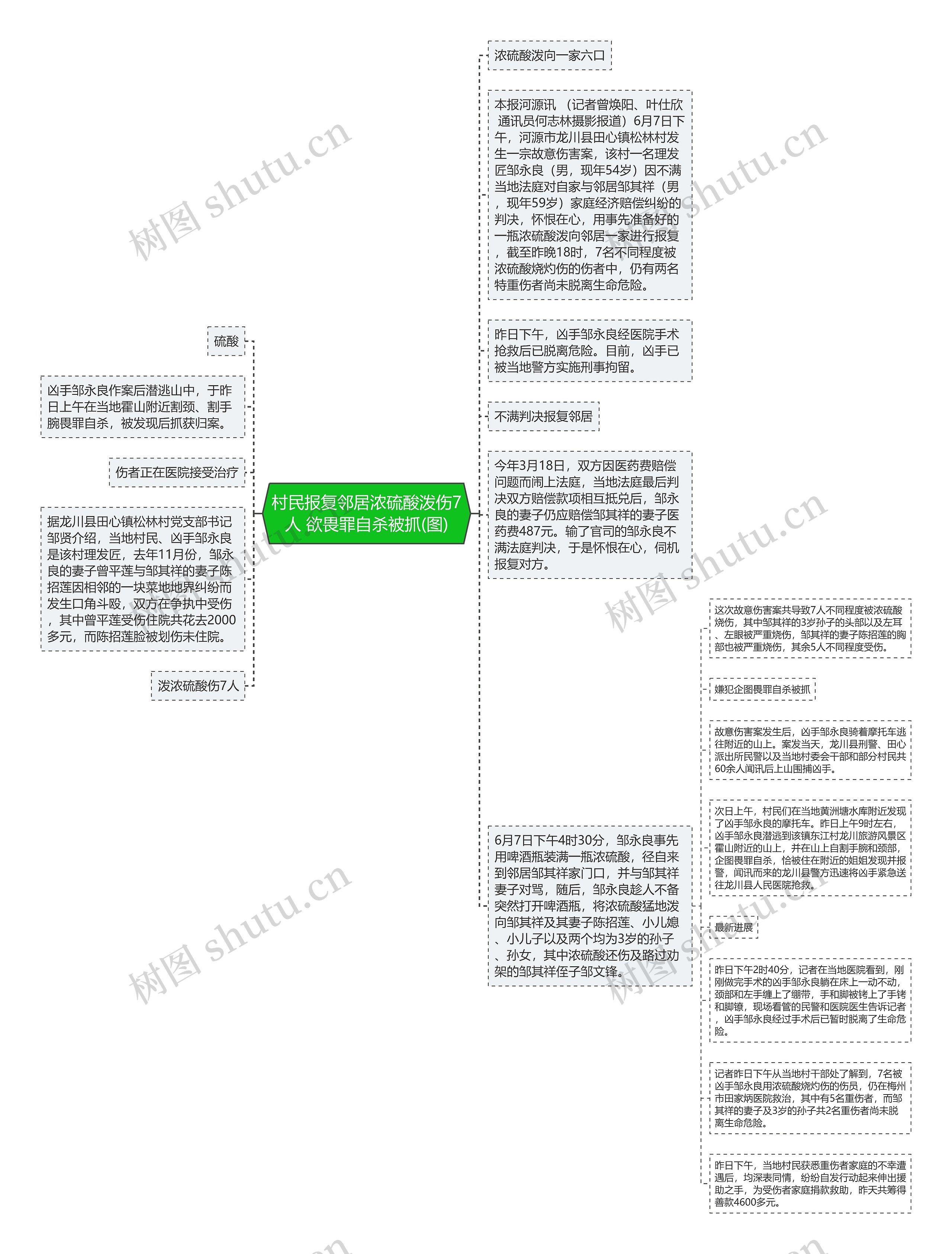 村民报复邻居浓硫酸泼伤7人 欲畏罪自杀被抓(图)思维导图