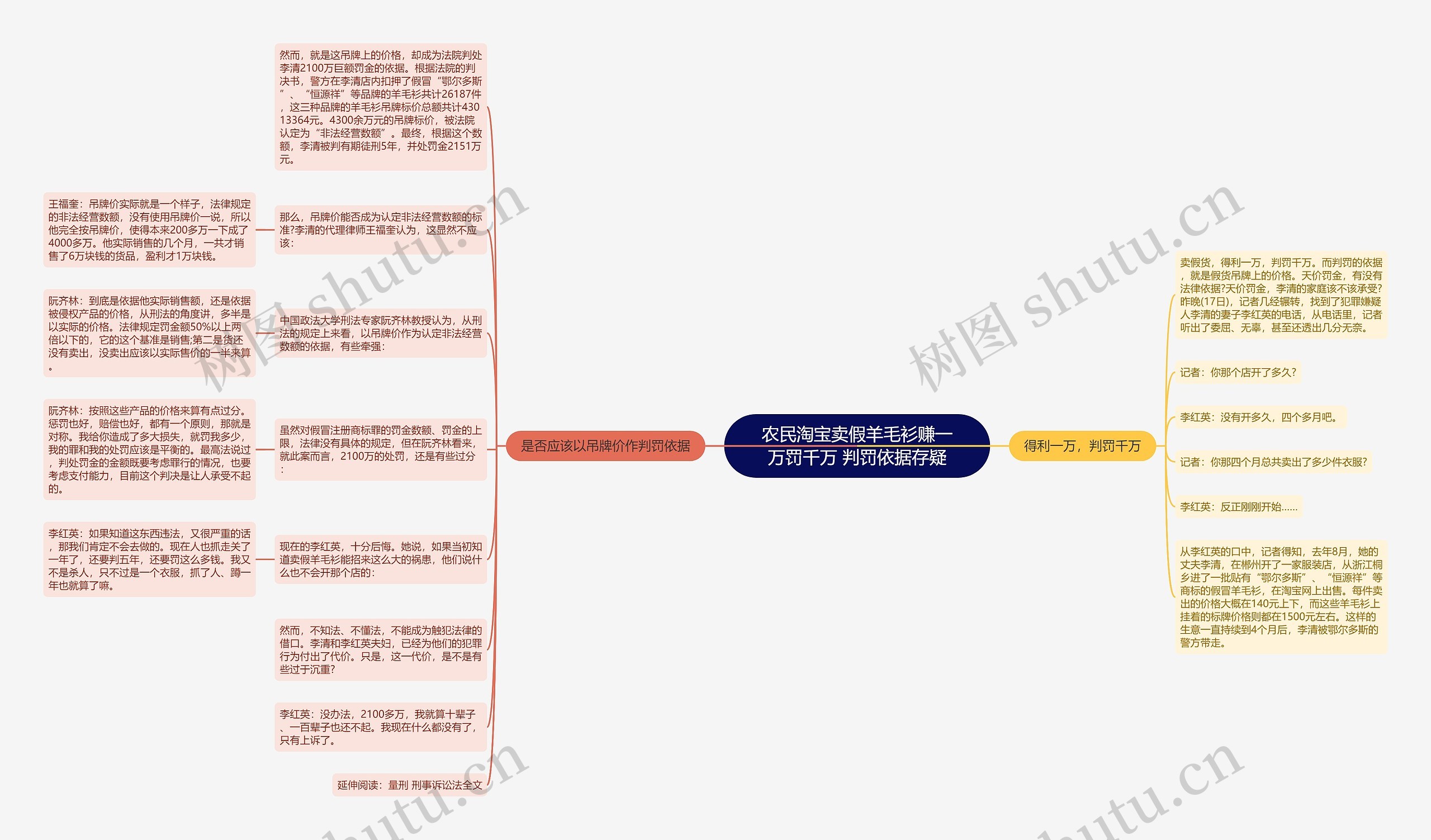 农民淘宝卖假羊毛衫赚一万罚千万 判罚依据存疑思维导图