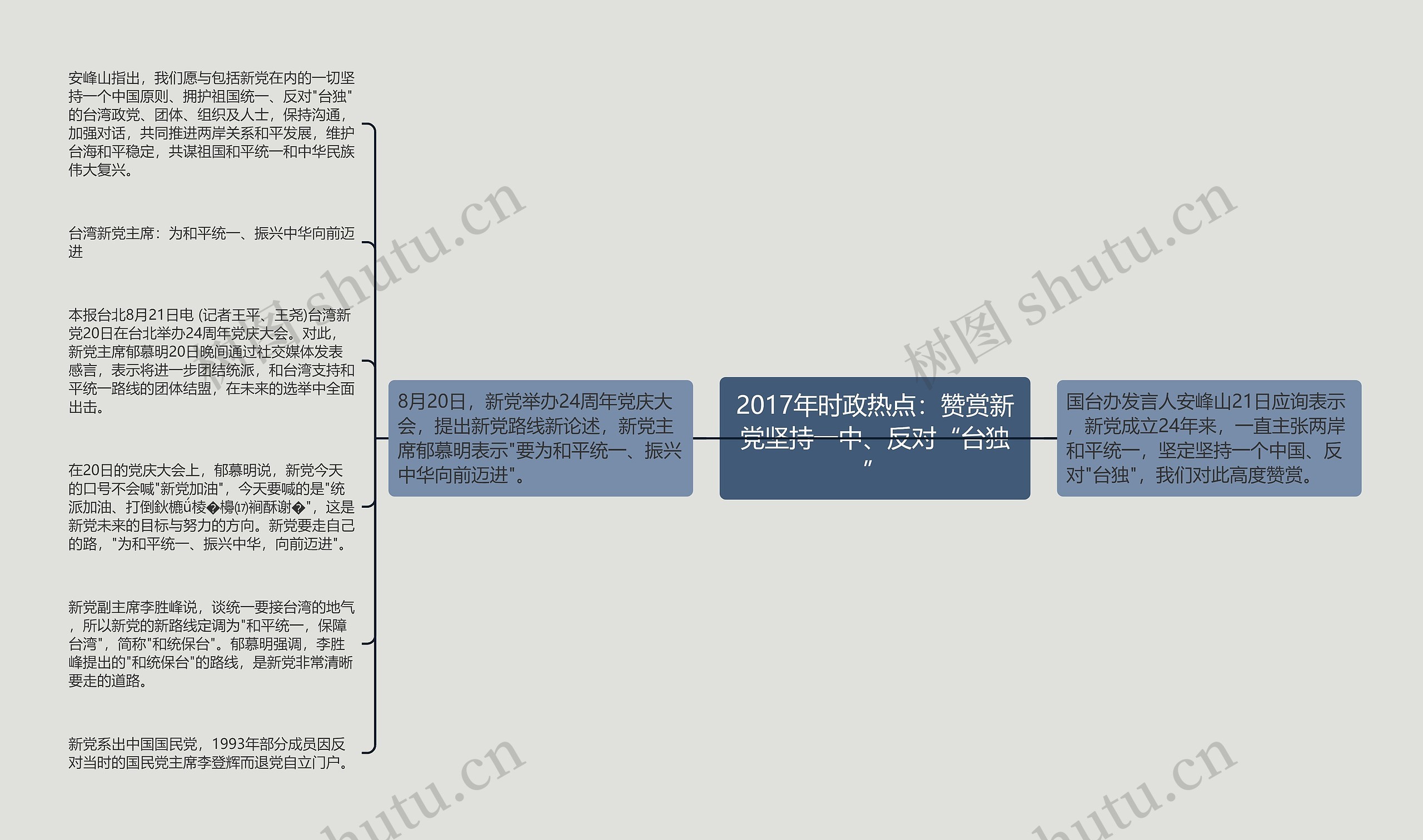 2017年时政热点：赞赏新党坚持一中、反对“台独”思维导图