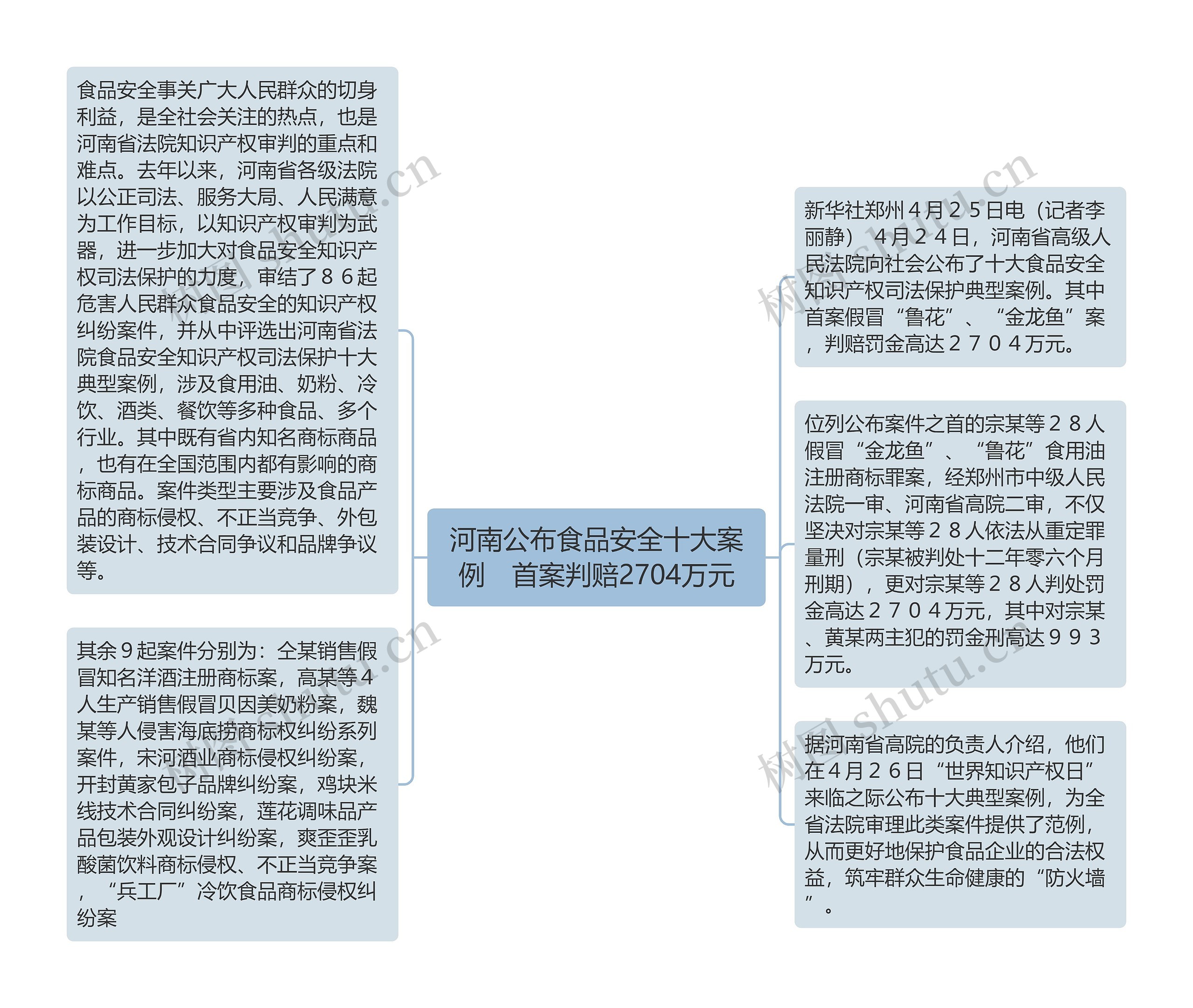 河南公布食品安全十大案例　首案判赔2704万元思维导图