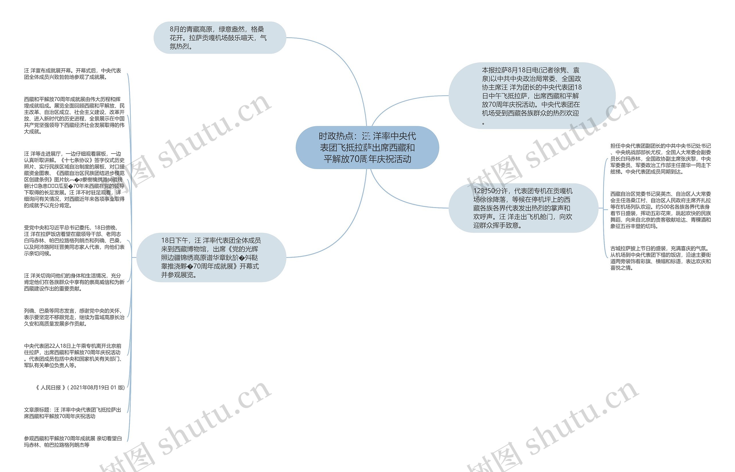 时政热点：汪 洋率中央代表团飞抵拉萨出席西藏和平解放70周年庆祝活动思维导图