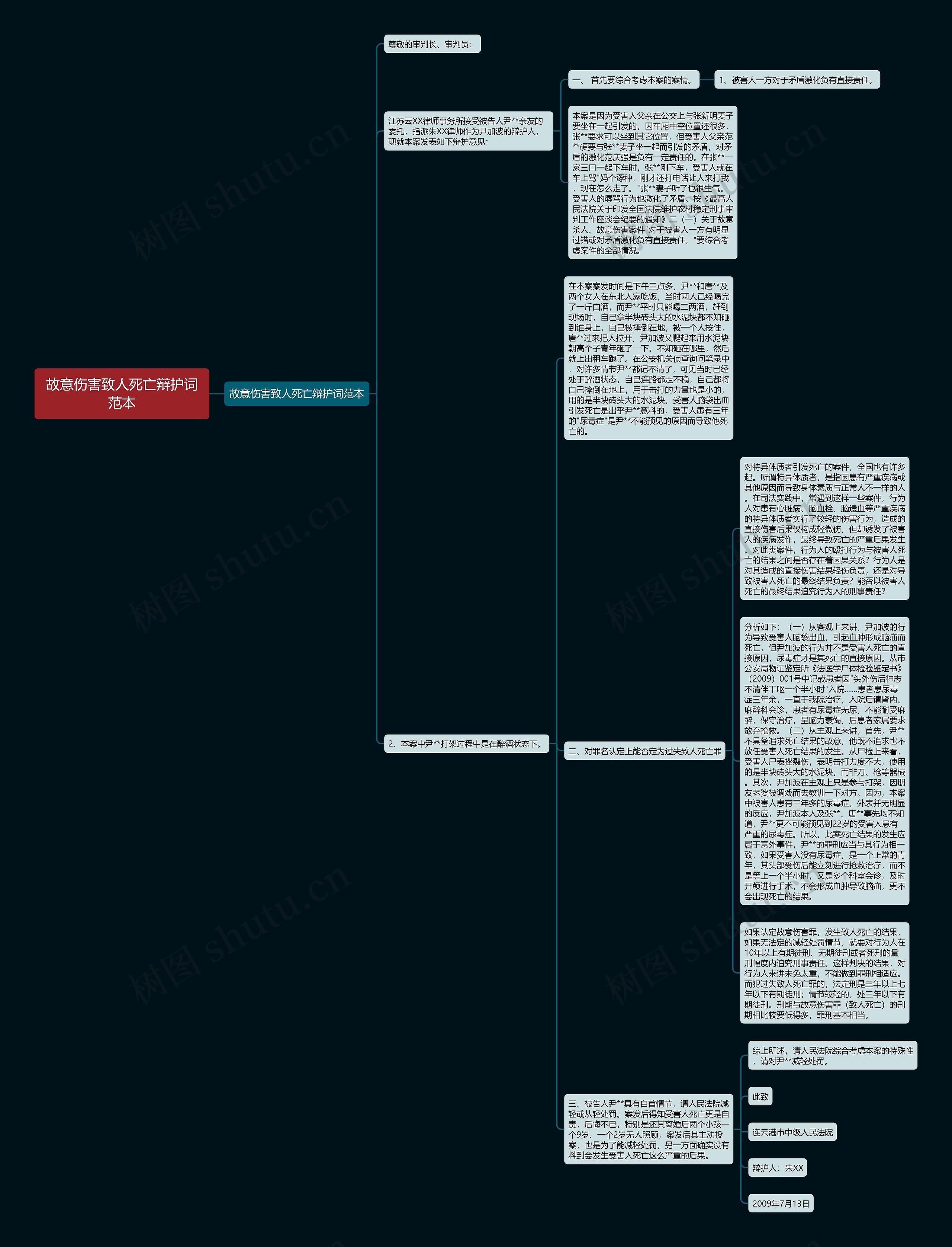 故意伤害致人死亡辩护词范本思维导图