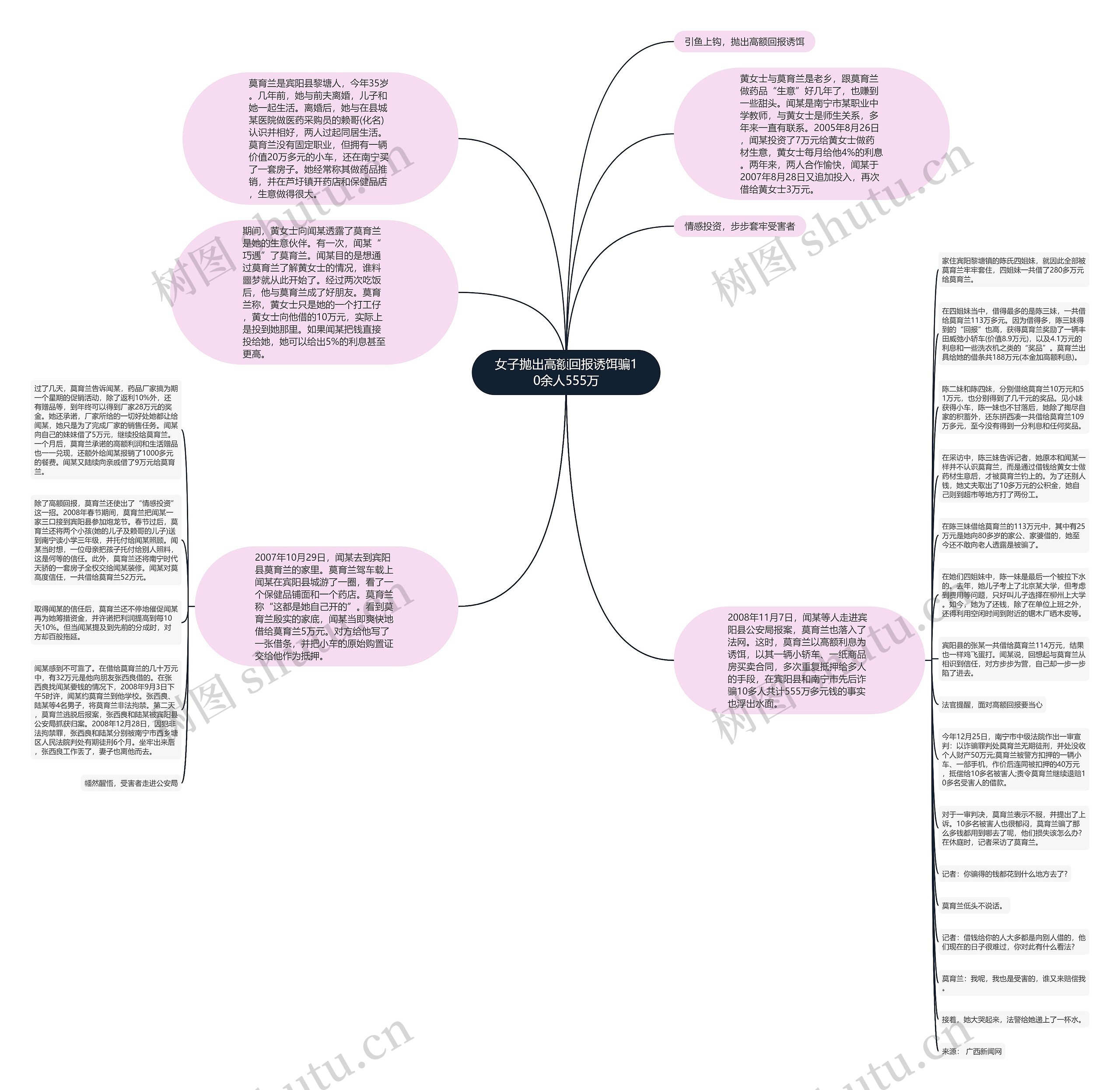 女子抛出高额回报诱饵骗10余人555万思维导图