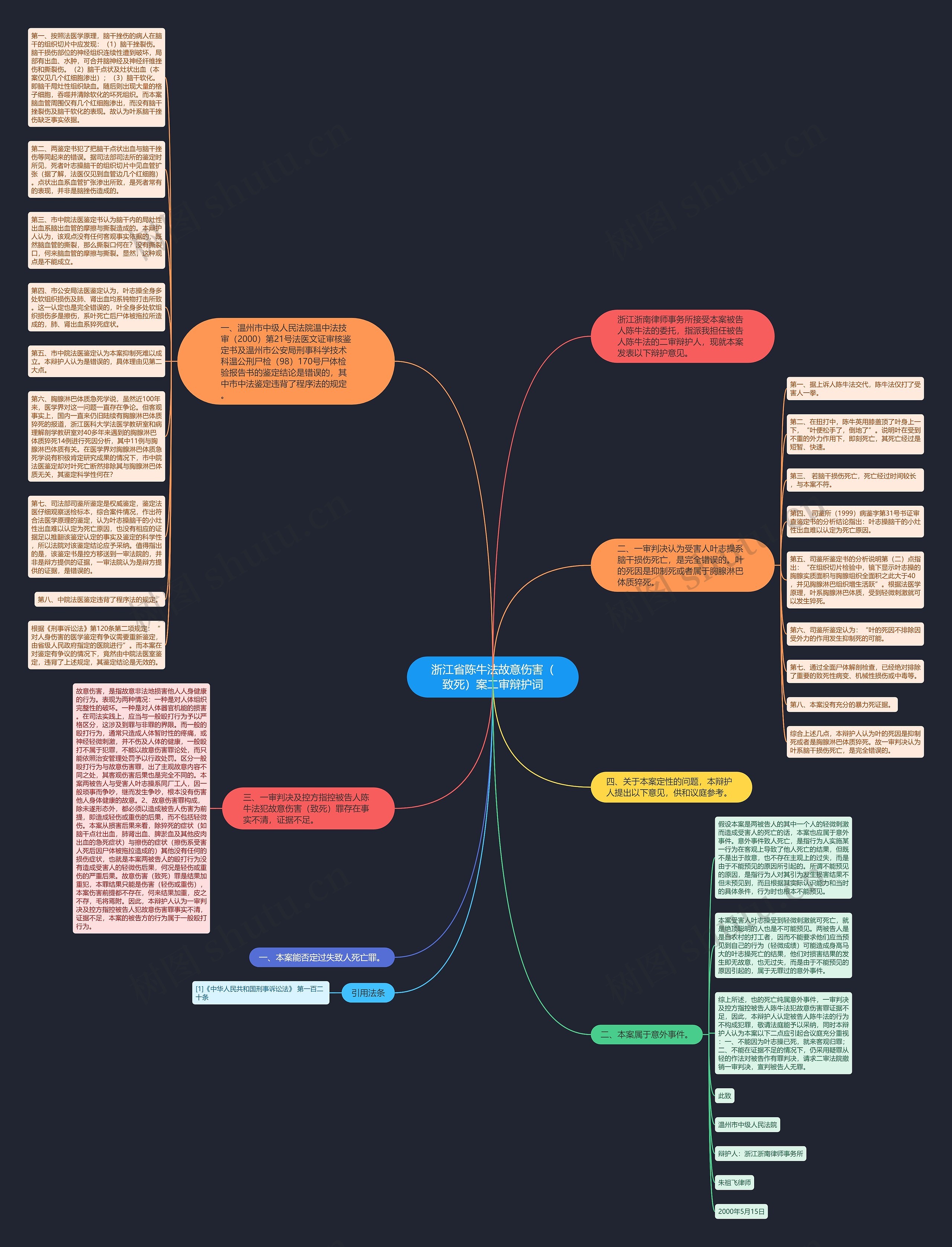 浙江省陈牛法故意伤害（致死）案二审辩护词思维导图