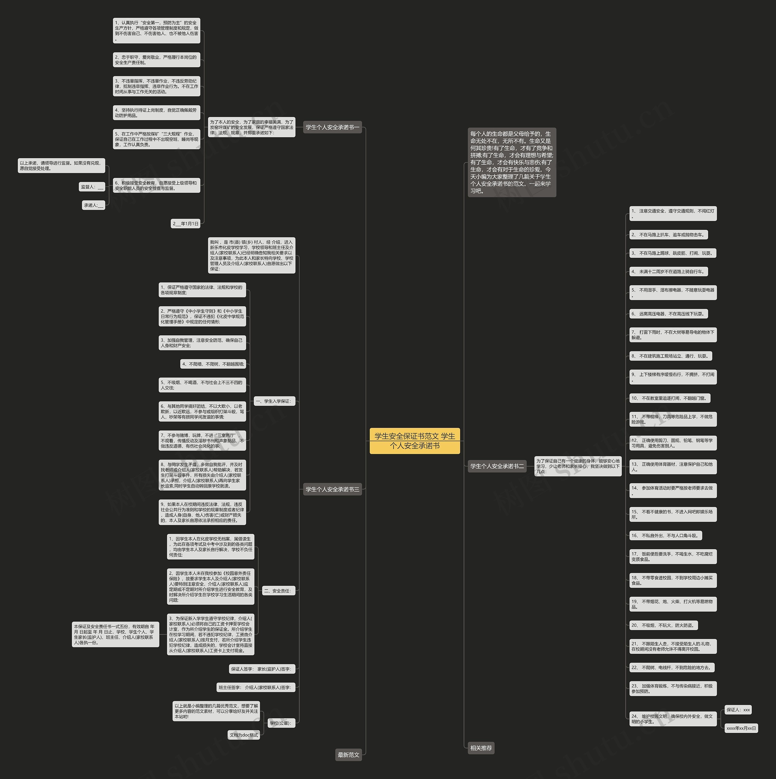 学生安全保证书范文 学生个人安全承诺书思维导图