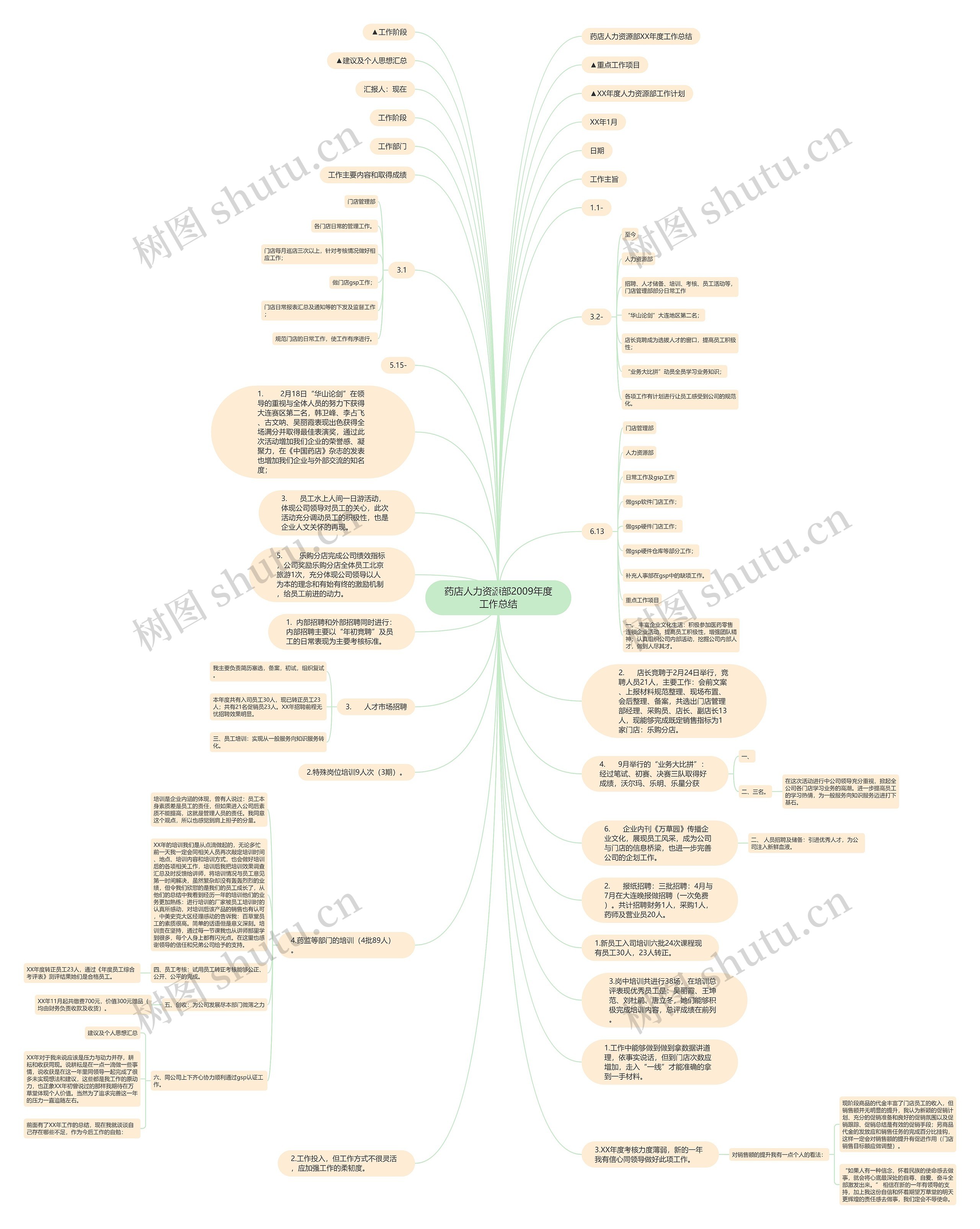 药店人力资源部2009年度工作总结思维导图
