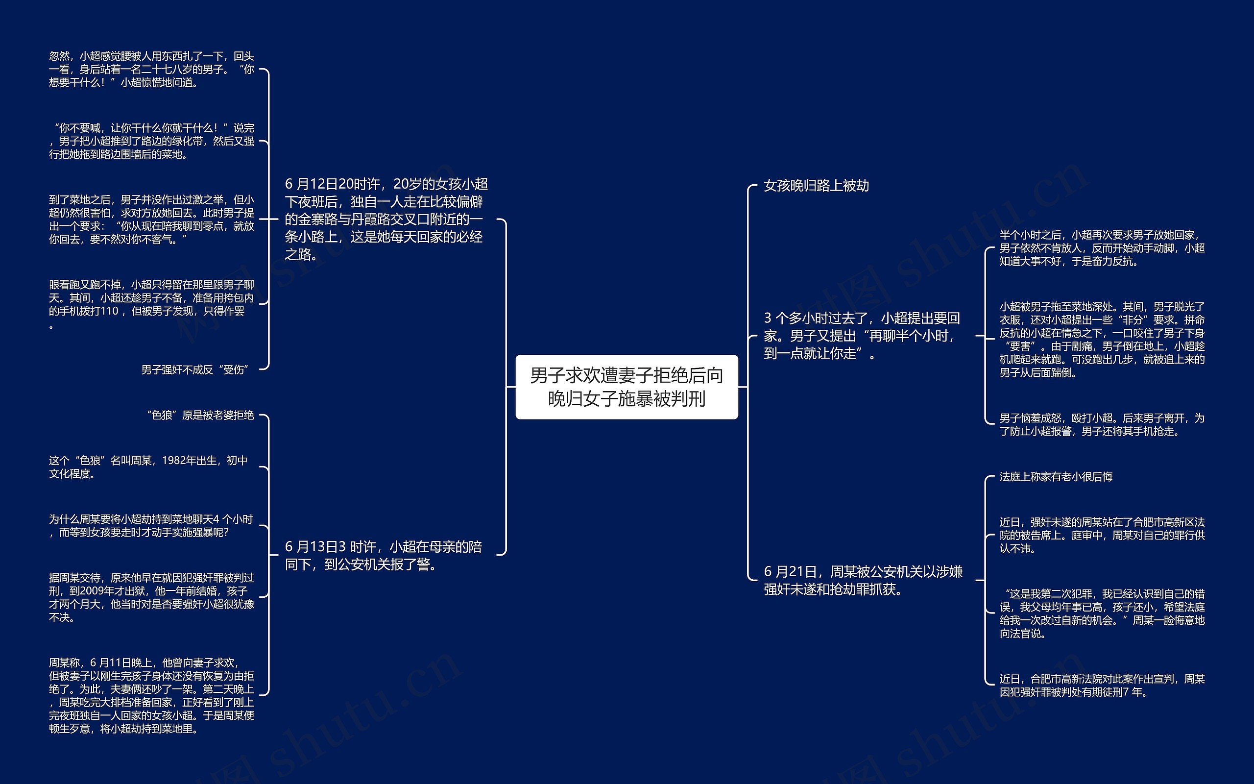 男子求欢遭妻子拒绝后向晚归女子施暴被判刑思维导图