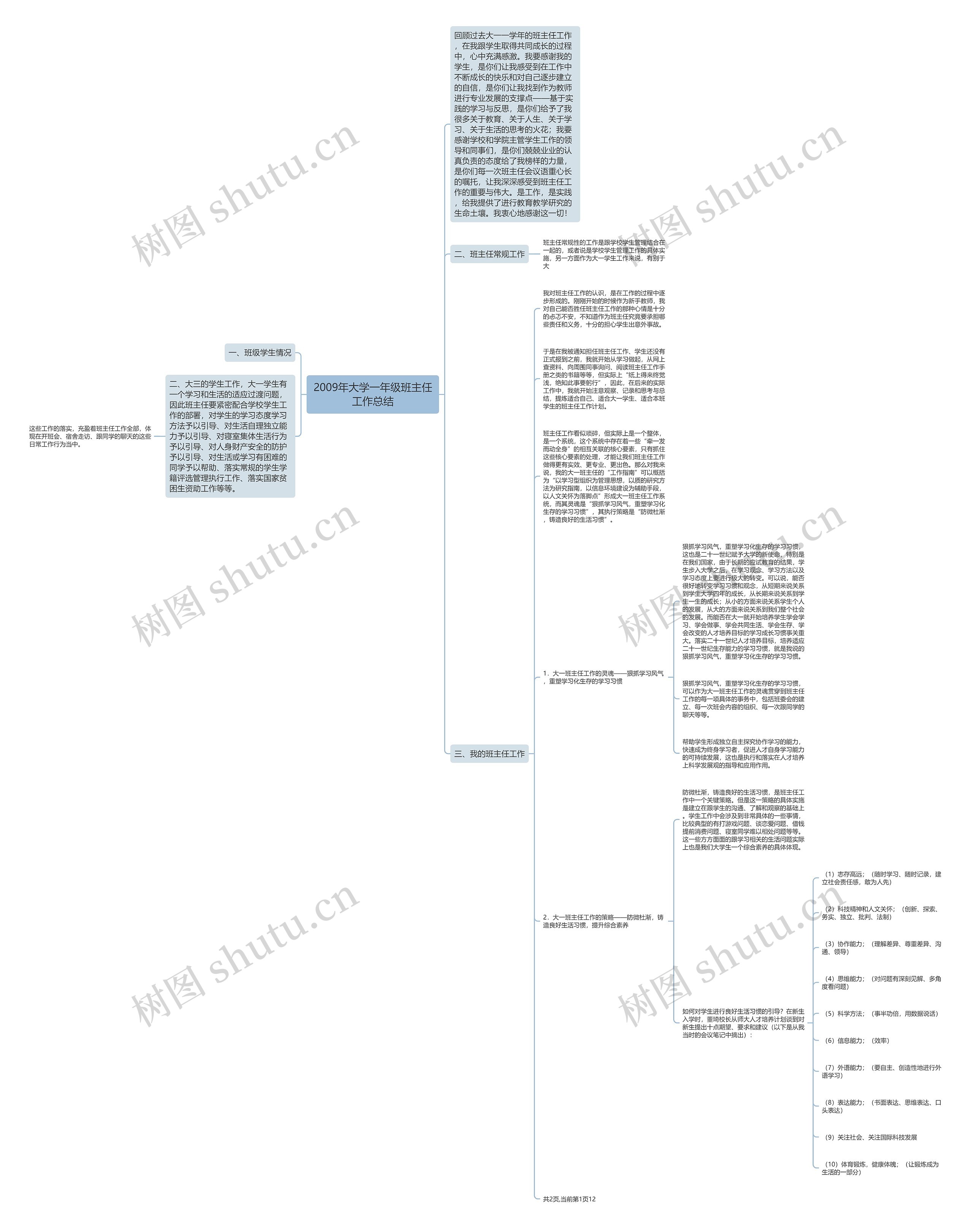 2009年大学一年级班主任工作总结思维导图