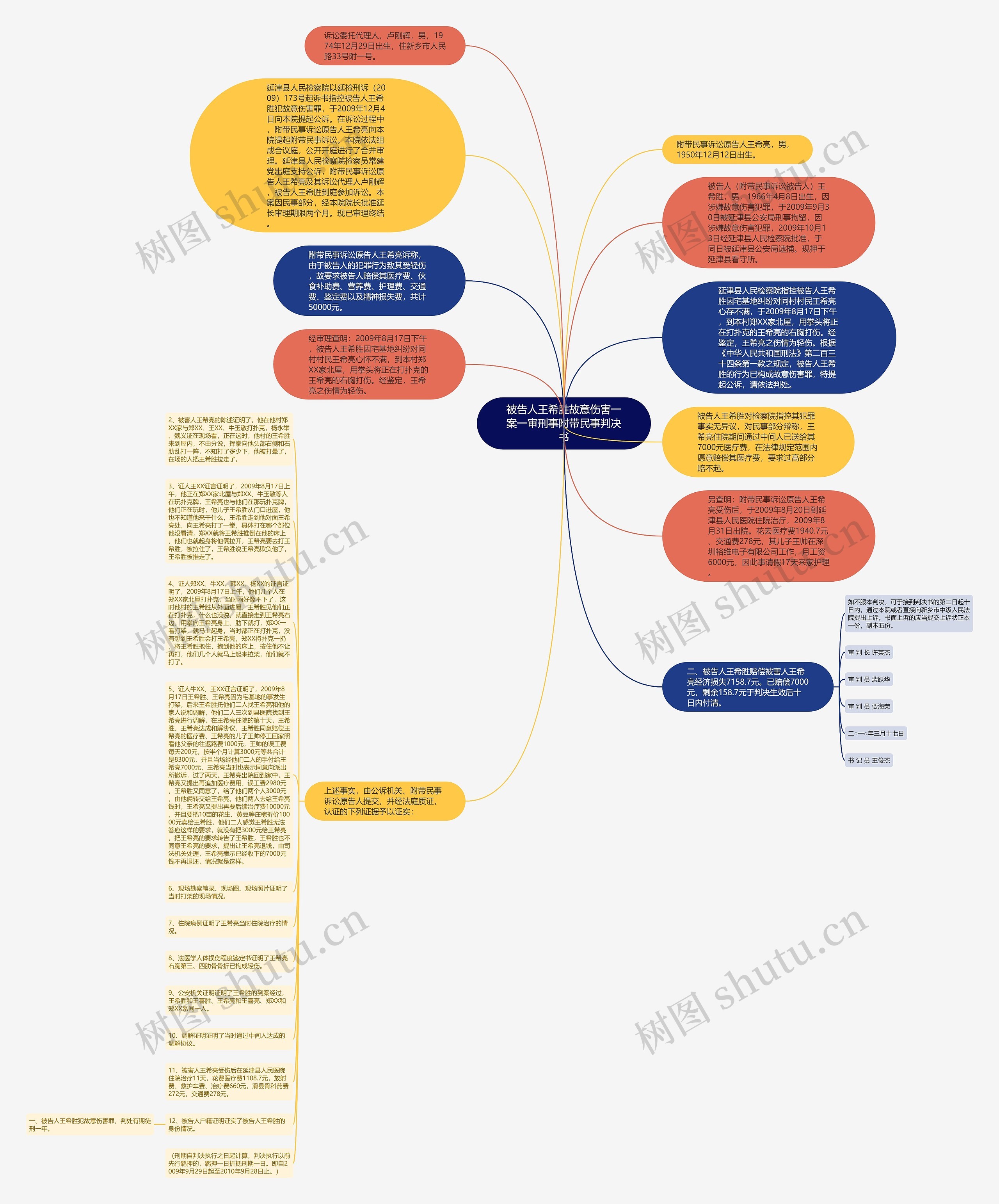 被告人王希胜故意伤害一案一审刑事附带民事判决书思维导图