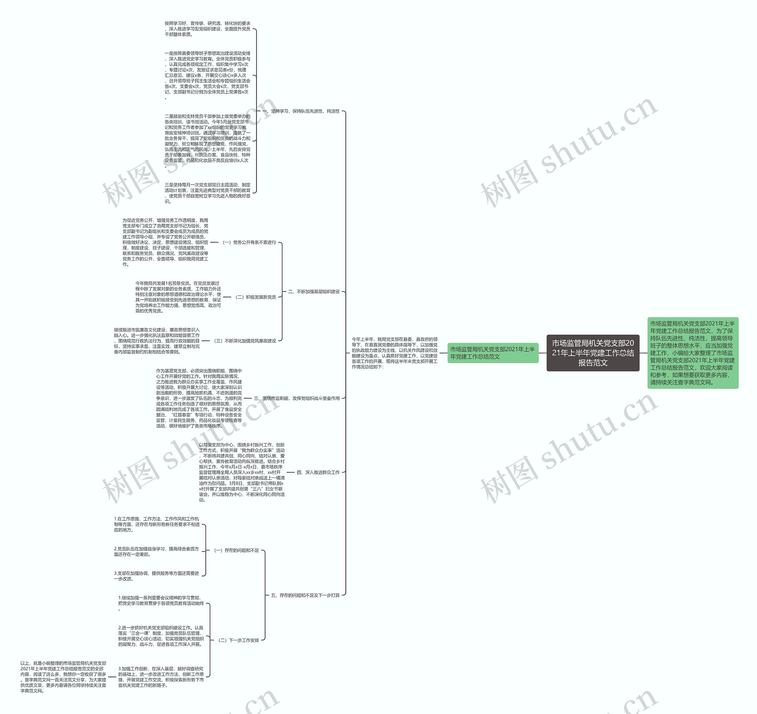 市场监管局机关党支部2021年上半年党建工作总结报告范文思维导图