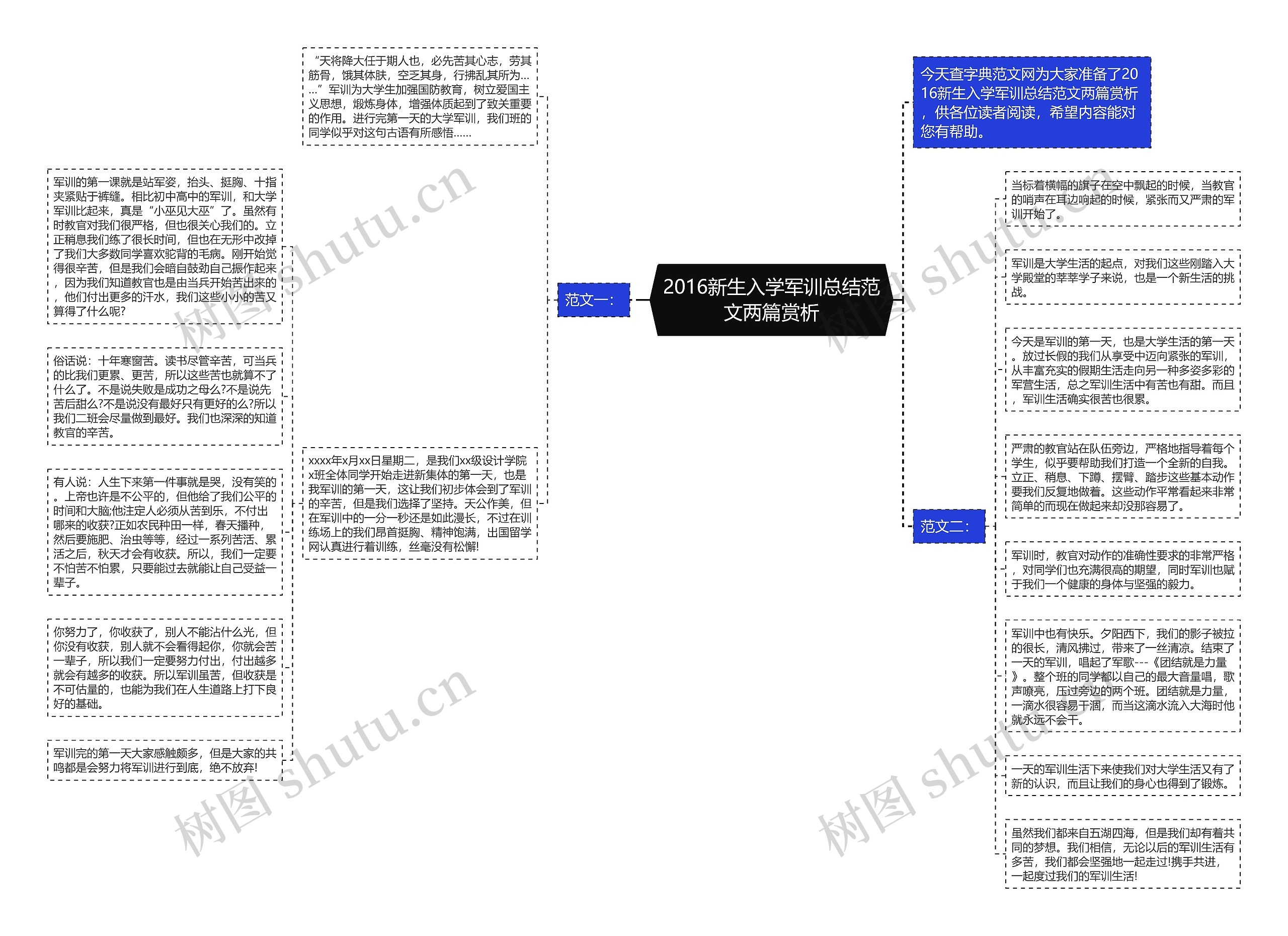 2016新生入学军训总结范文两篇赏析思维导图