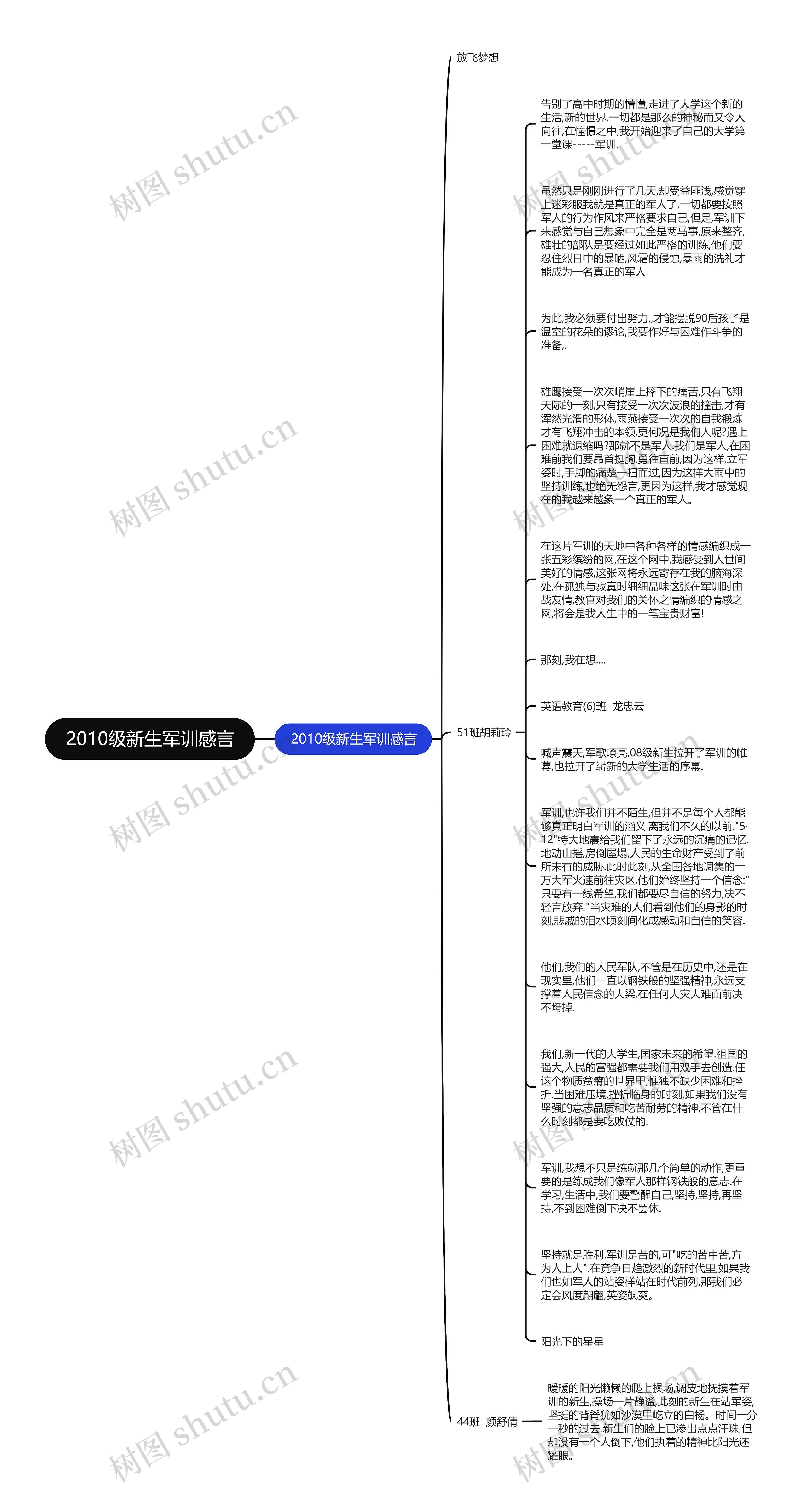 2010级新生军训感言思维导图